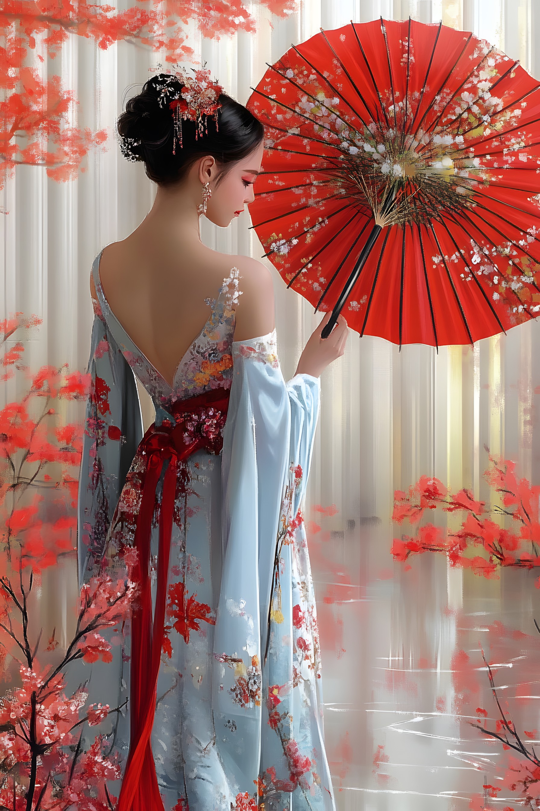 Red, Dress, Beauty, Formal wear, Fashion, Textile, Pink, Kimono, Costume, Fashion design, Silk, Gown, Haute couture, Tradition, Umbrella, Headpiece, Embroidery, Model, Costume design, Makeover