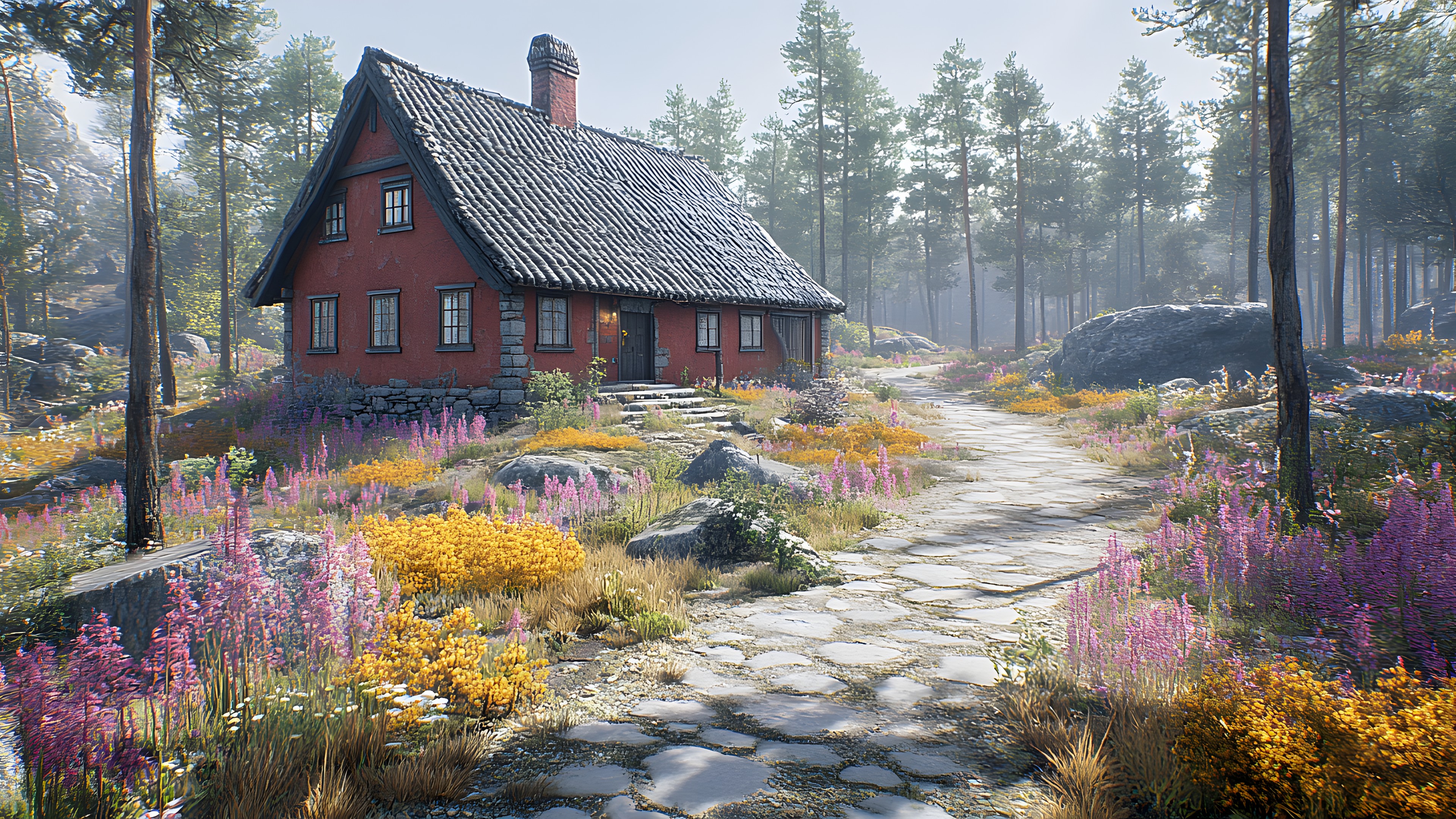 Natural landscape, House, Cottage, Landscape, Home, Hut, Village, Farmhouse, Log cabin, Garden buildings, Landscaping, Conifers, Croft, Wildflower, Mountain Village, Barn, Larch, Shed, Pine family, Fir