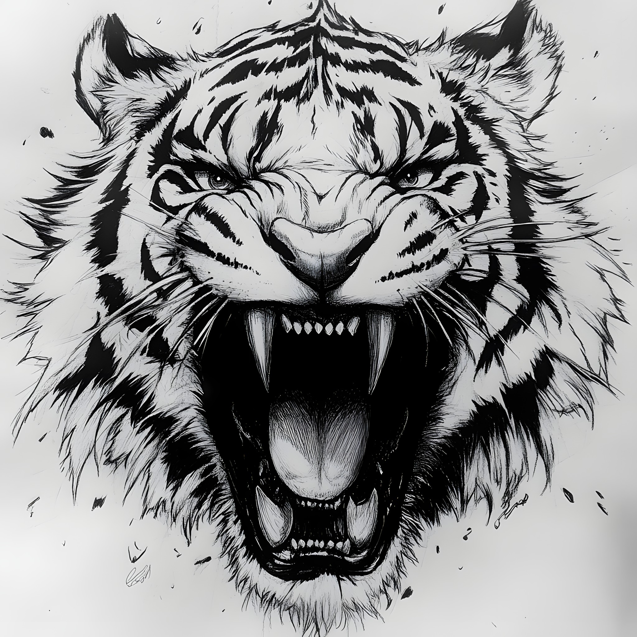 White, Facial expression, Tiger, Felidae, Tooth, Bengal tiger, Panthera, Roar, Siberian Tiger, Drawing, Snout, Line art, Fang, Whiskers, Design, Sketch, Graphics