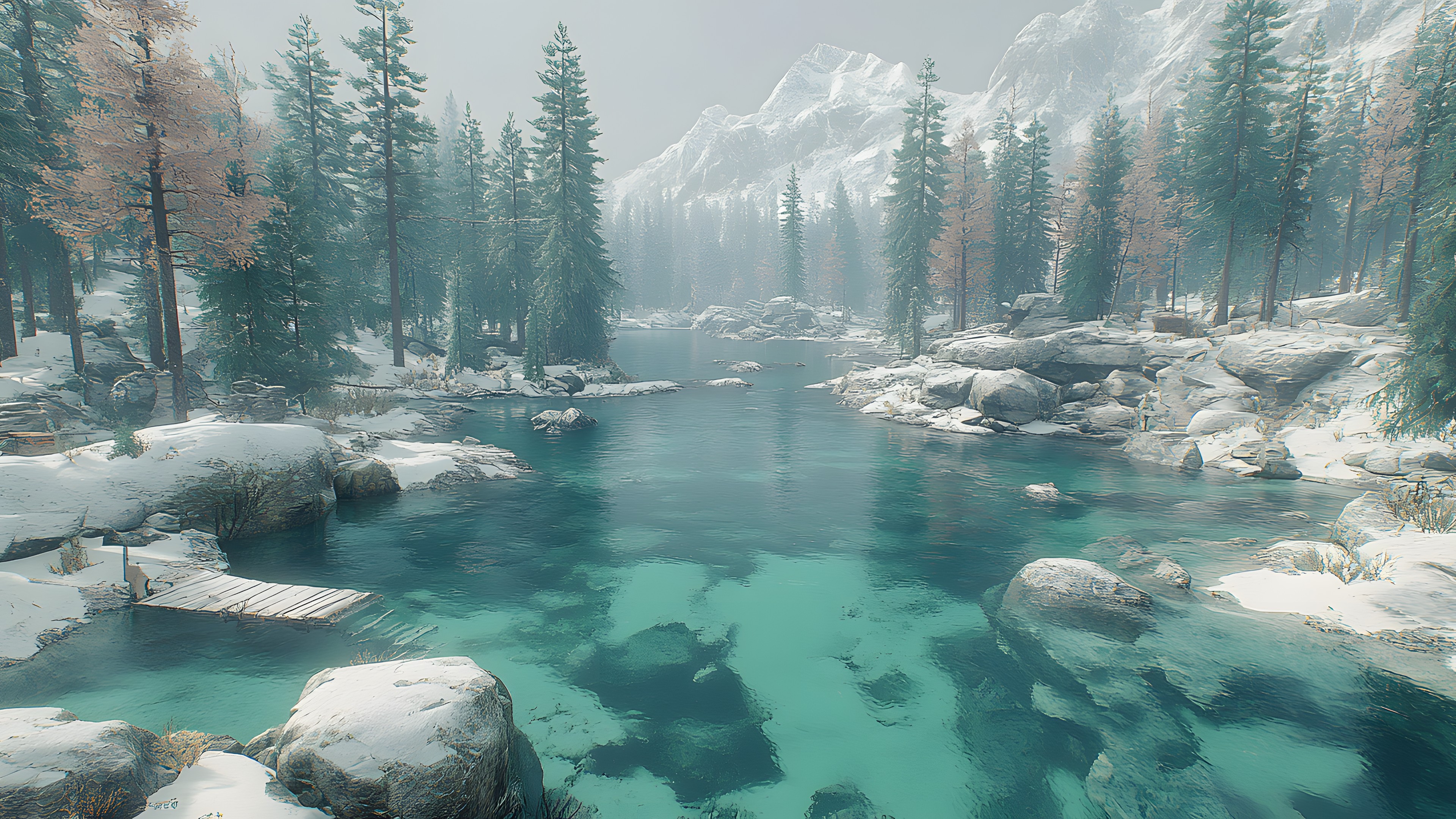 Winter, Forest, Wilderness, atmospheric phenomenon, Spruce-fir forests, Freezing, Mountain river, Larch, Snow, Mist, Frost, Reflection, Mountain range, Glacial landform, Valley, Tropical and subtropical coniferous forests, Ice, Conifers, Northern hardwood forest, Fluvial landforms of streams