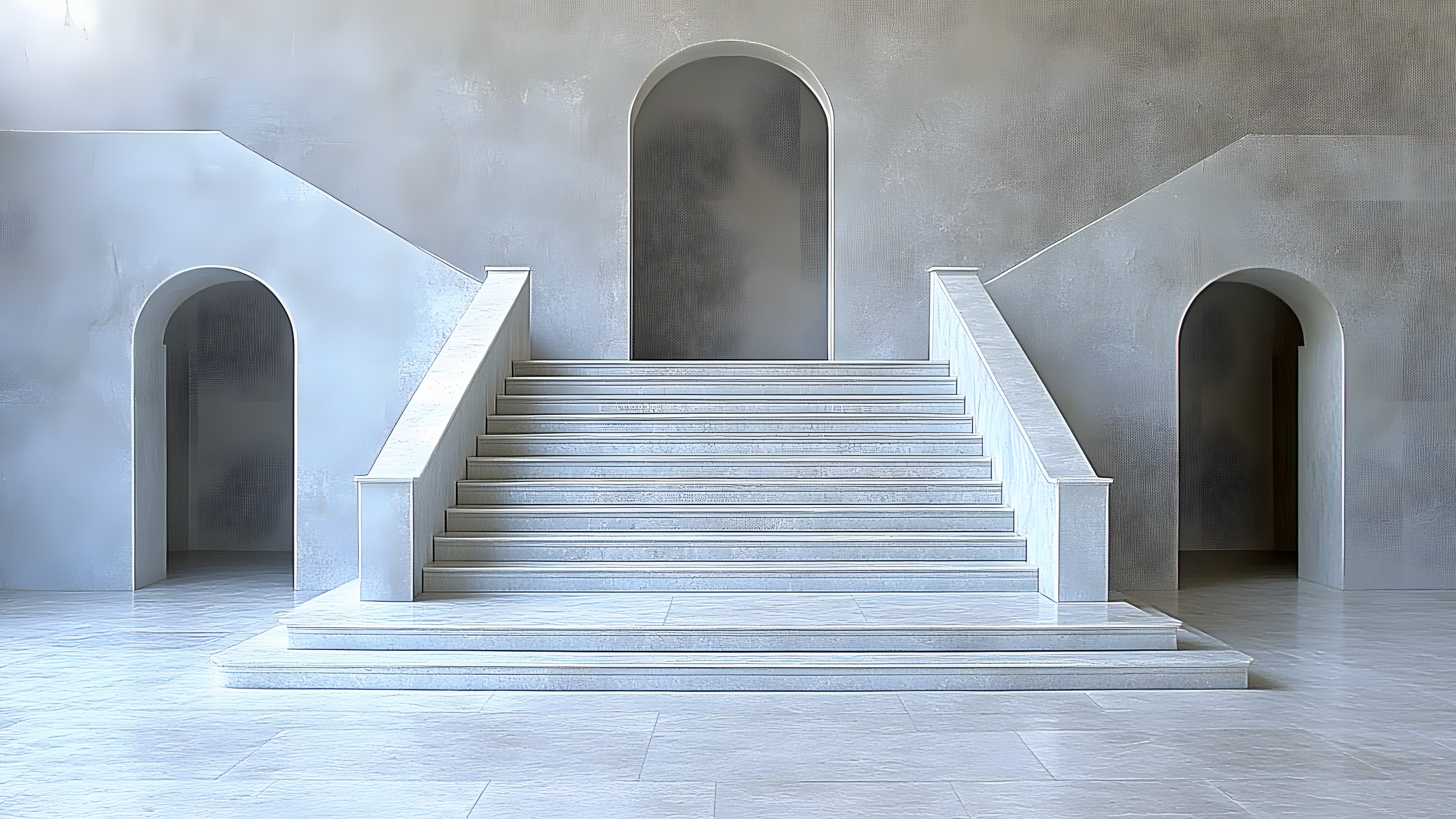 Stairs, Grey, Symmetry, Tints and shades, Water, Concrete, Art, Column, Composite material, Wood, Facade, Arch, Door, Rectangle, Shadow, Landscape, Historic site, Tree, Holy places, Darkness