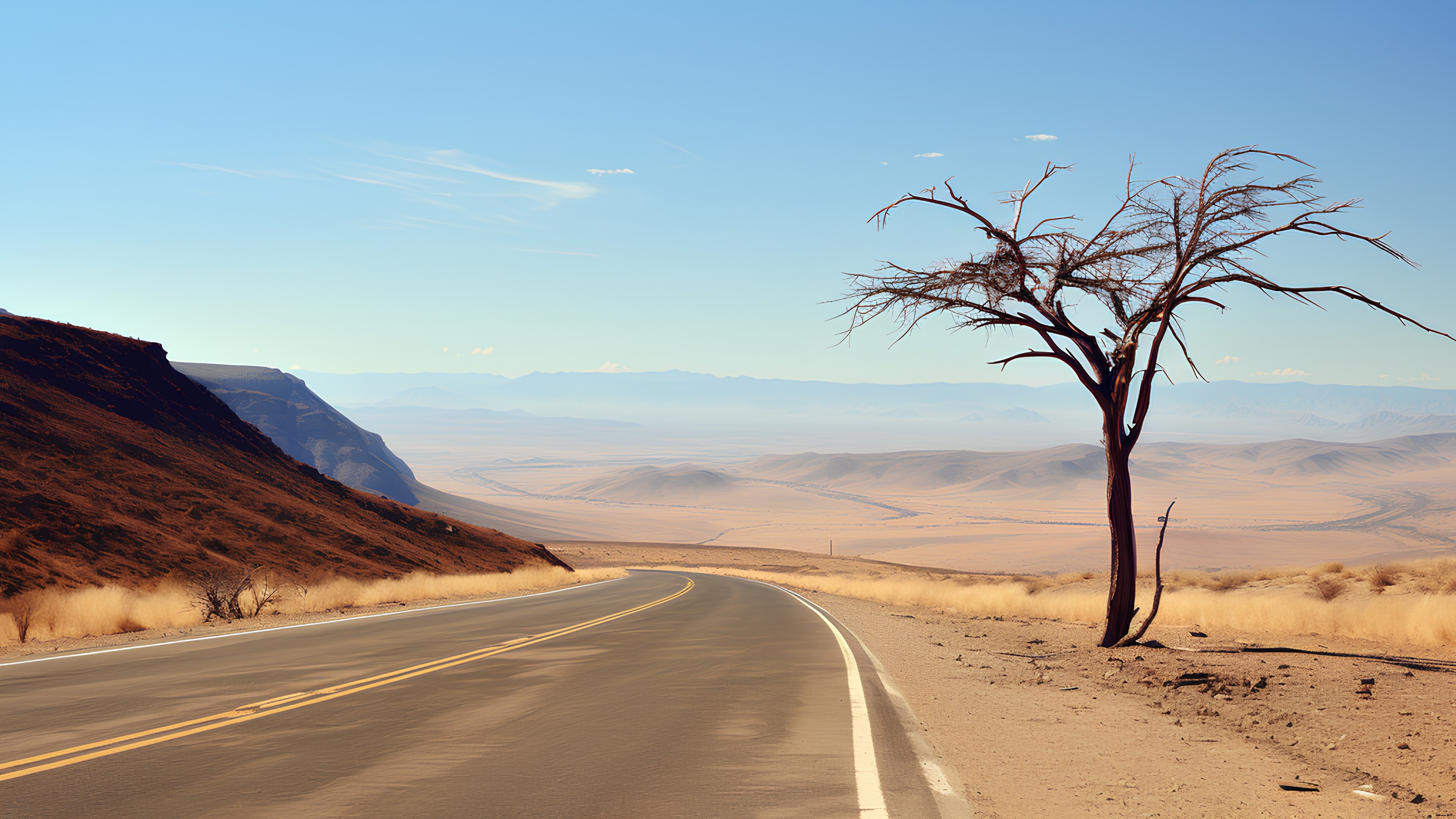 Sky, Cloud, Mountain, Natural landscape, Road surface, Sunlight, Tree, Asphalt, Plain, Horizon, Landscape, Grassland, Tints and shades, Aeolian landform, Road, Sand, Slope, Twig, Valley, Plateau