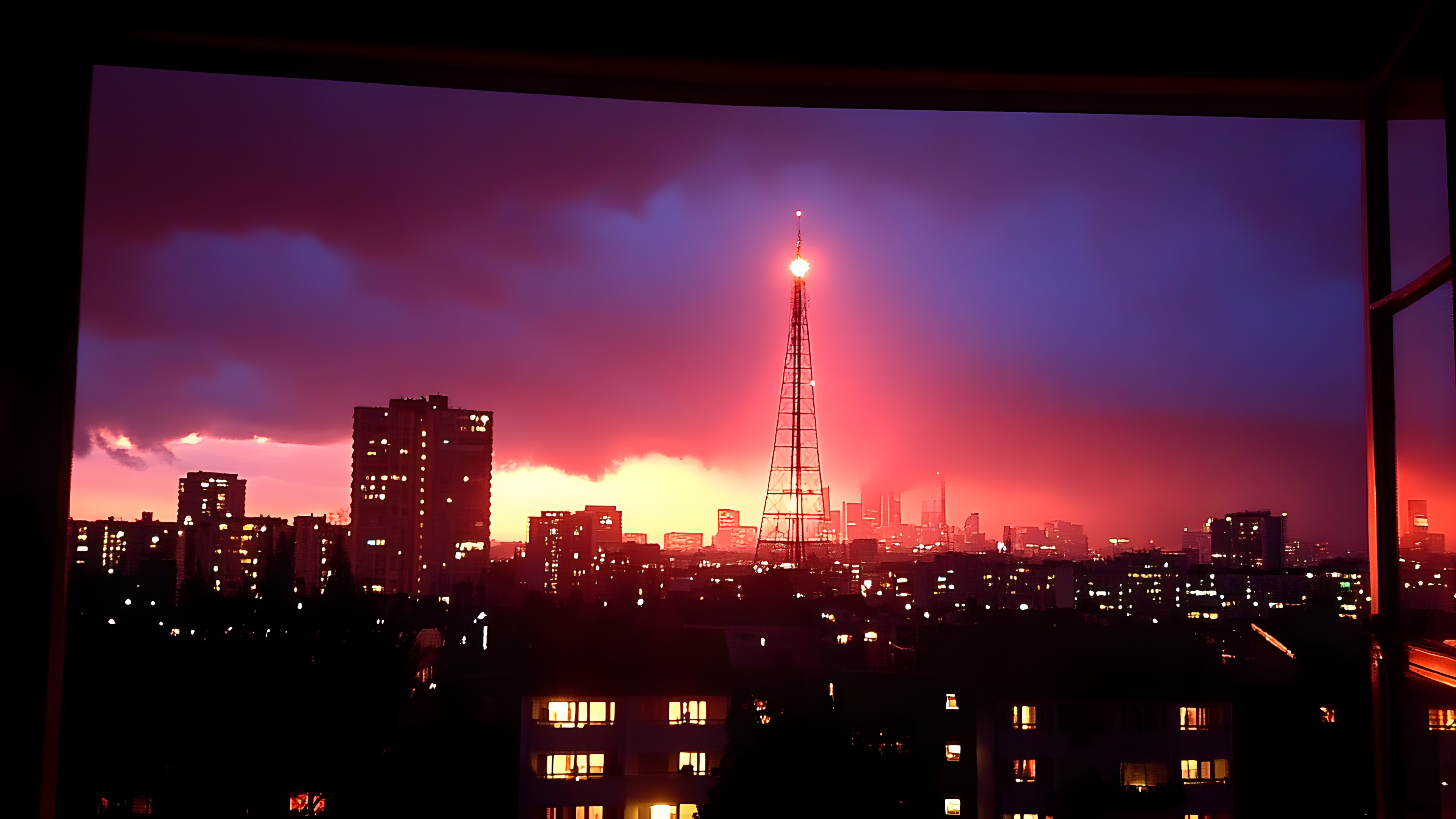 Red, Dusk, Tower, Horizon, Afterglow, Orange, Evening, High-rise building, Electricity, Sunset, Red sky at morning, Skyscraper, Night, Skyline, Transmitter station, Sunrise, Dawn, Cityscape, Spire, Heat