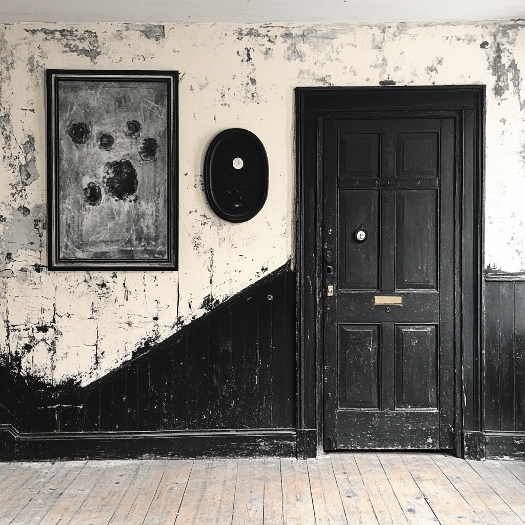 Wall, Wood, Flooring, Floor, Door, Monochrome photography, Home Door, Black and white, Monochrome, Grey, Door handle, Concrete, Hardwood, Paint, Wood flooring, Wood stain, Still life photography, Plank, Plaster