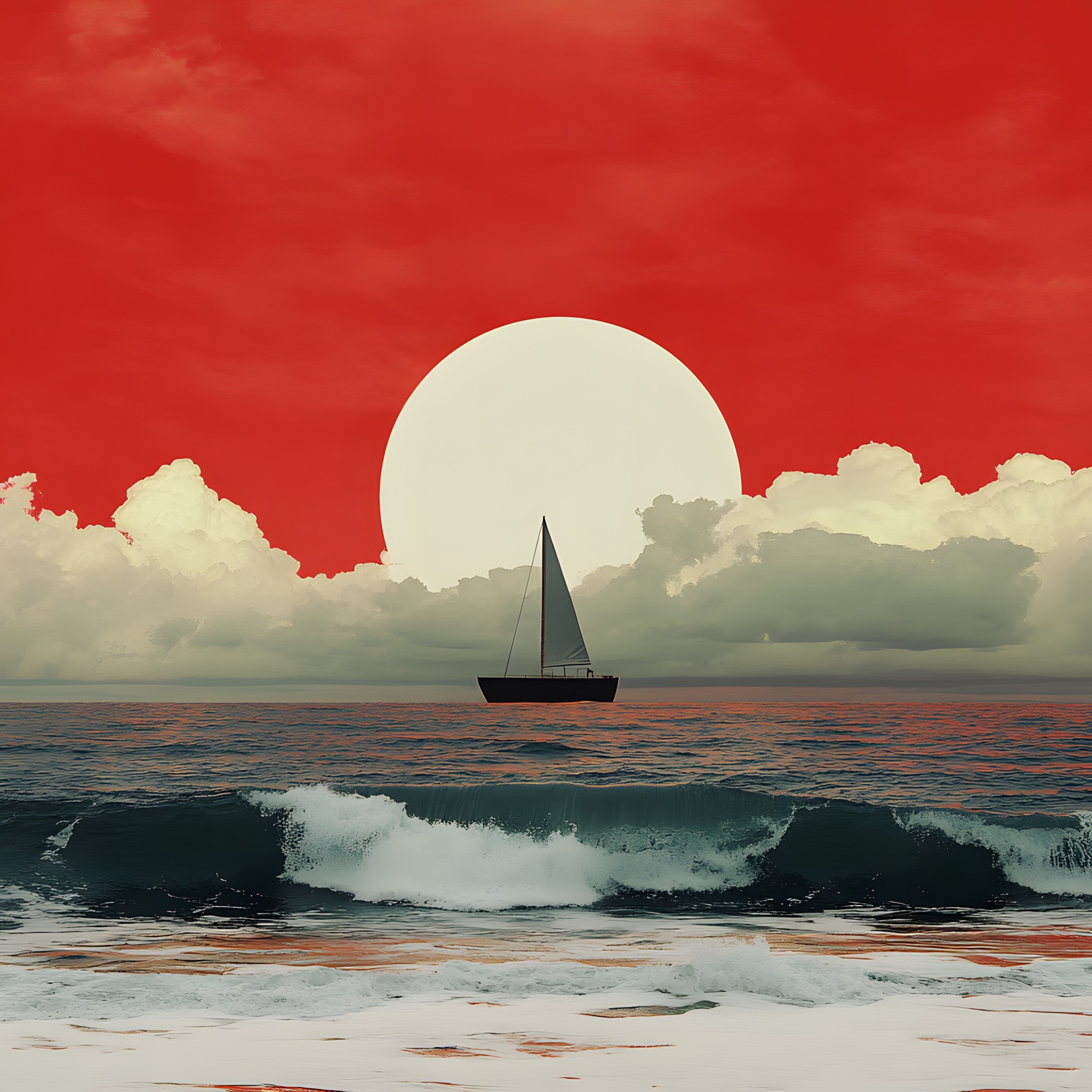 Sea, Astronomical object, Ocean, Sunset, Afterglow, Sunrise, Dusk, Watercraft, Wind wave, Boat, Sun, Red sky at morning, Moon, Celestial event, Evening, Wave, Wind, Meteorological phenomenon, Dawn, Full moon