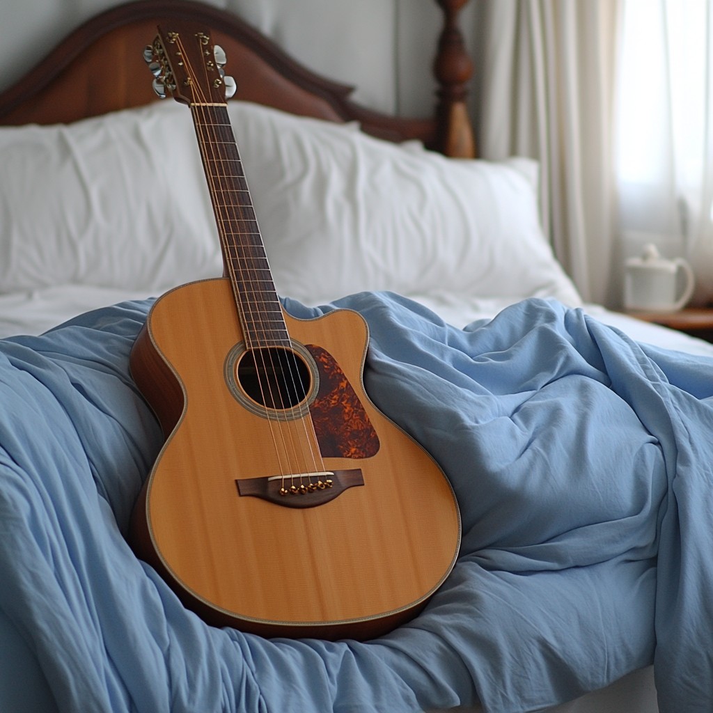 Chordophone, String instrument, Guitar, Plucked string instrument, Wood, Musical instrument, Interior design, Furniture, Folk instrument, Throw pillow, Cushion, Pillow, Room, Acoustic guitar, Wood stain, Linens, Electric guitar, Lamp, Bedroom, Hardwood