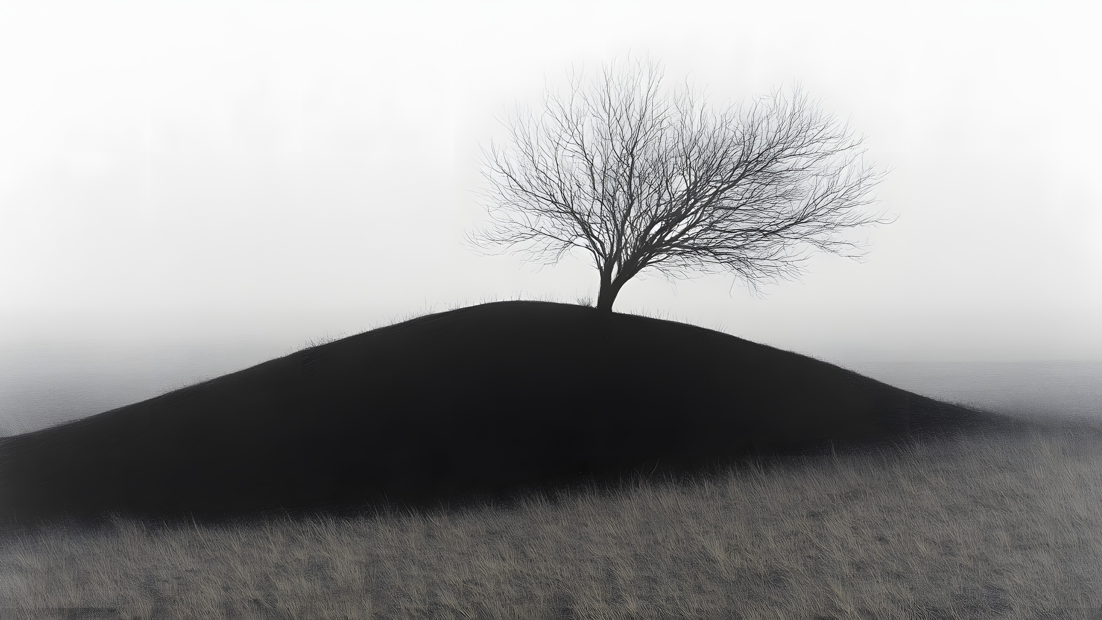 Nature, atmospheric phenomenon, Monochrome photography, Hill, Monochrome, Black and white, Slope, Woody plant, Mound, Mist, Fog, Haze, Fell, Wind, Hinterland