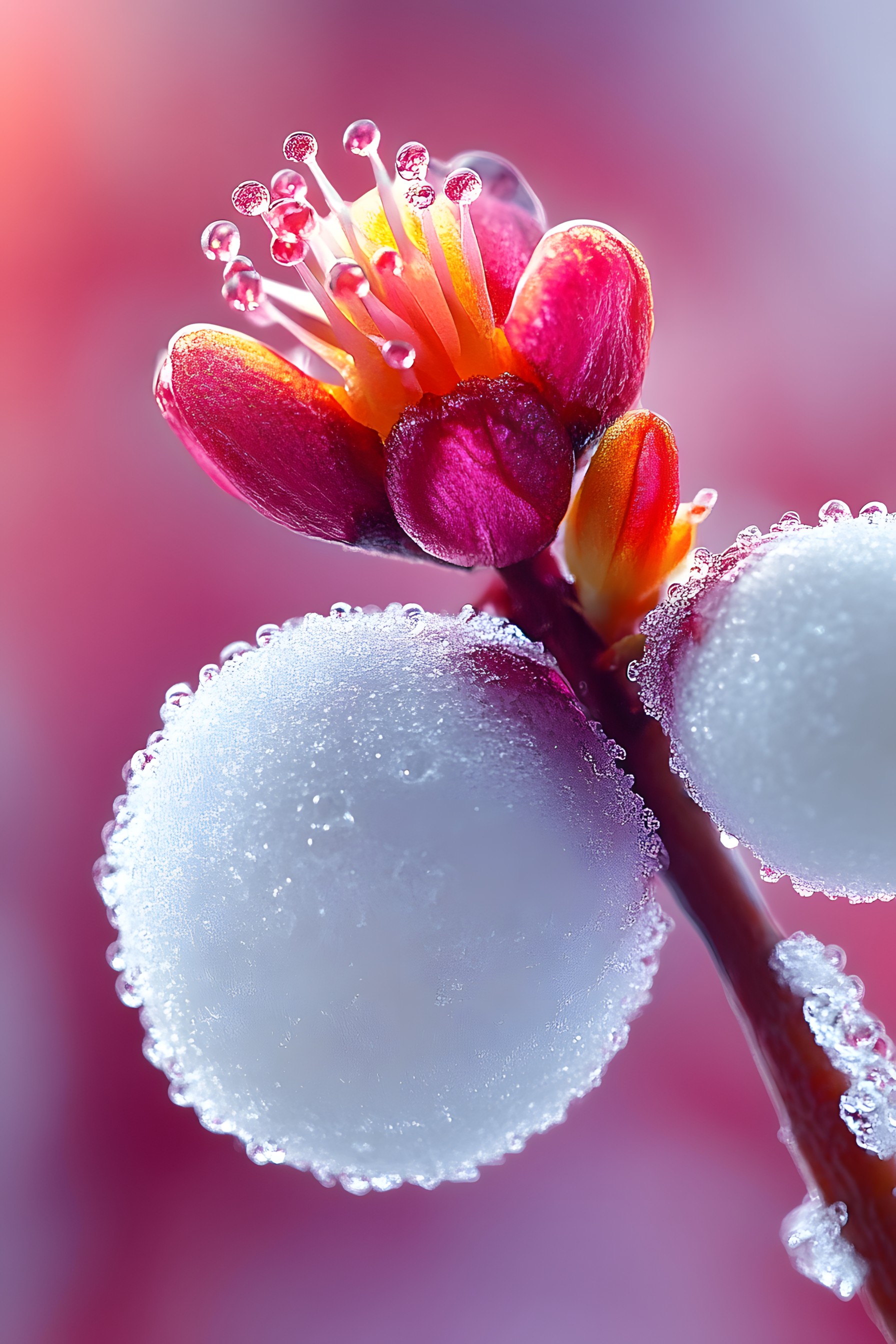 Red, Pink, Close-up, Petal, Macro photography, Twig, Moisture, Dew, Drop, Berry, Still life photography, Blossom, Bud