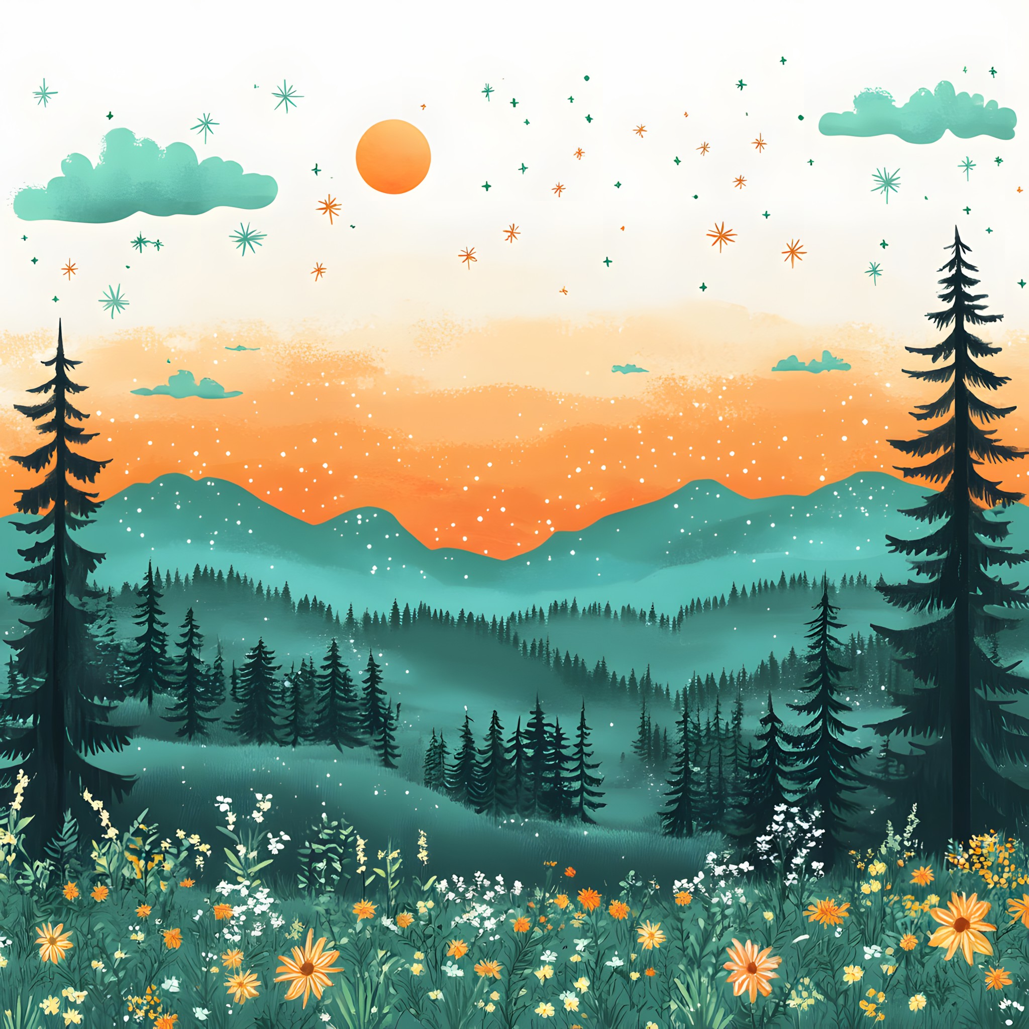 Natural landscape, Orange, Forest, Astronomical object, Painting, Paint, Watercolor painting, Sunrise, Conifers, Autumn, Star, Art Paint, Evening, Acrylic paint, Pine family, Fir