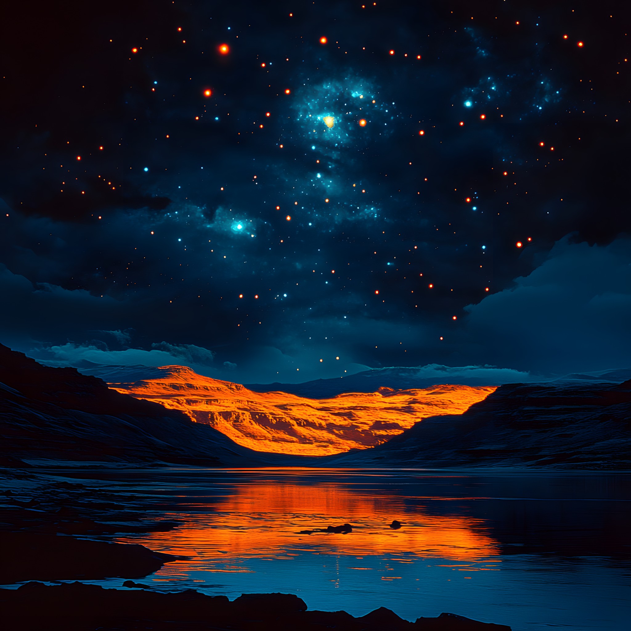 Blue, Astronomical object, Night, Orange, Star, Dusk, Midnight, Astronomy, Evening, Loch, Reflection, Aurora, Universe, Sunrise, Afterglow, Outer space, Science, Sunset, Lake District, Sound