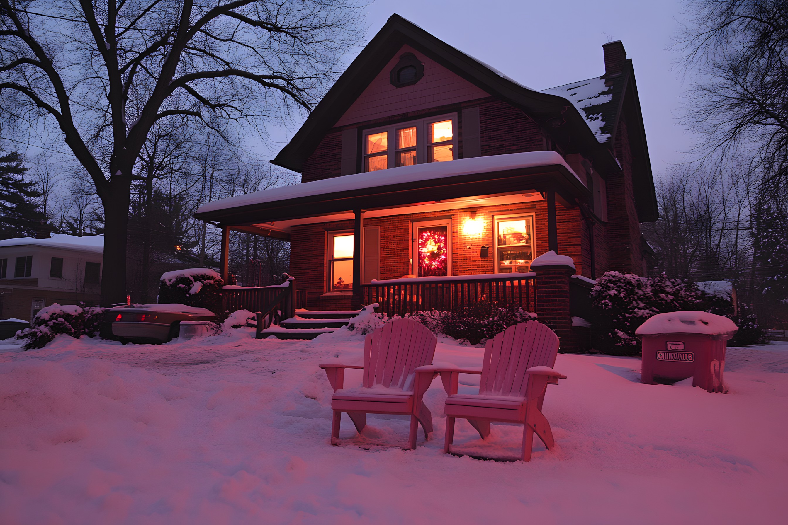 Snow, Winter, House, Branch, Home, Cottage, Roof, Freezing, Siding, Slope, Twig, Precipitation, Winter storm, Porch, Evening, Log cabin, Blizzard, Ice, Frost, Ski resort