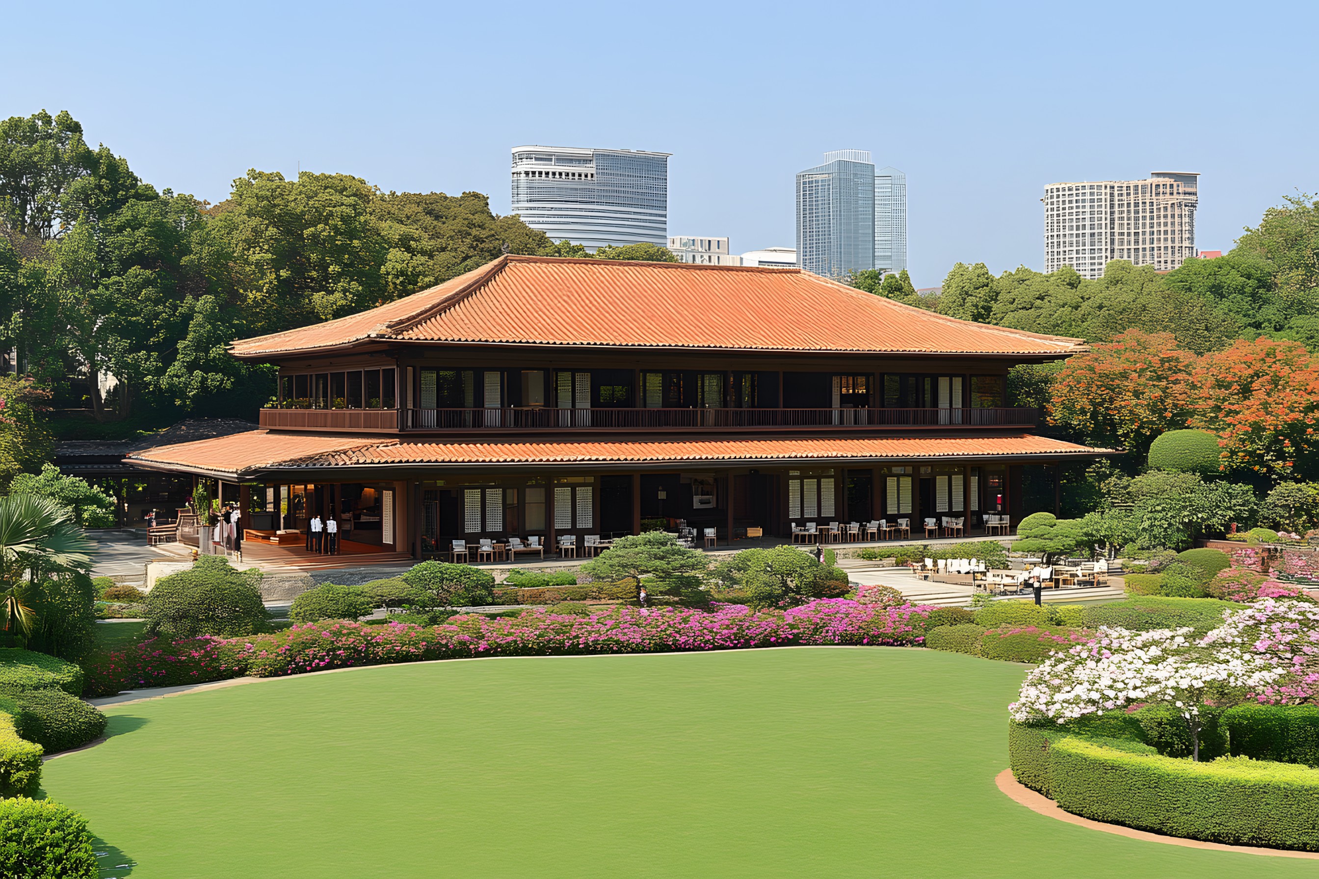 Shrub, Spring, Garden, Groundcover, Shade, High-rise building, Condominium, Chinese architecture, Landscaping, Lawn, Skyscraper, Yard, Headquarters, Park, Japanese architecture, Corporate headquarters, Hedge, Botanical garden