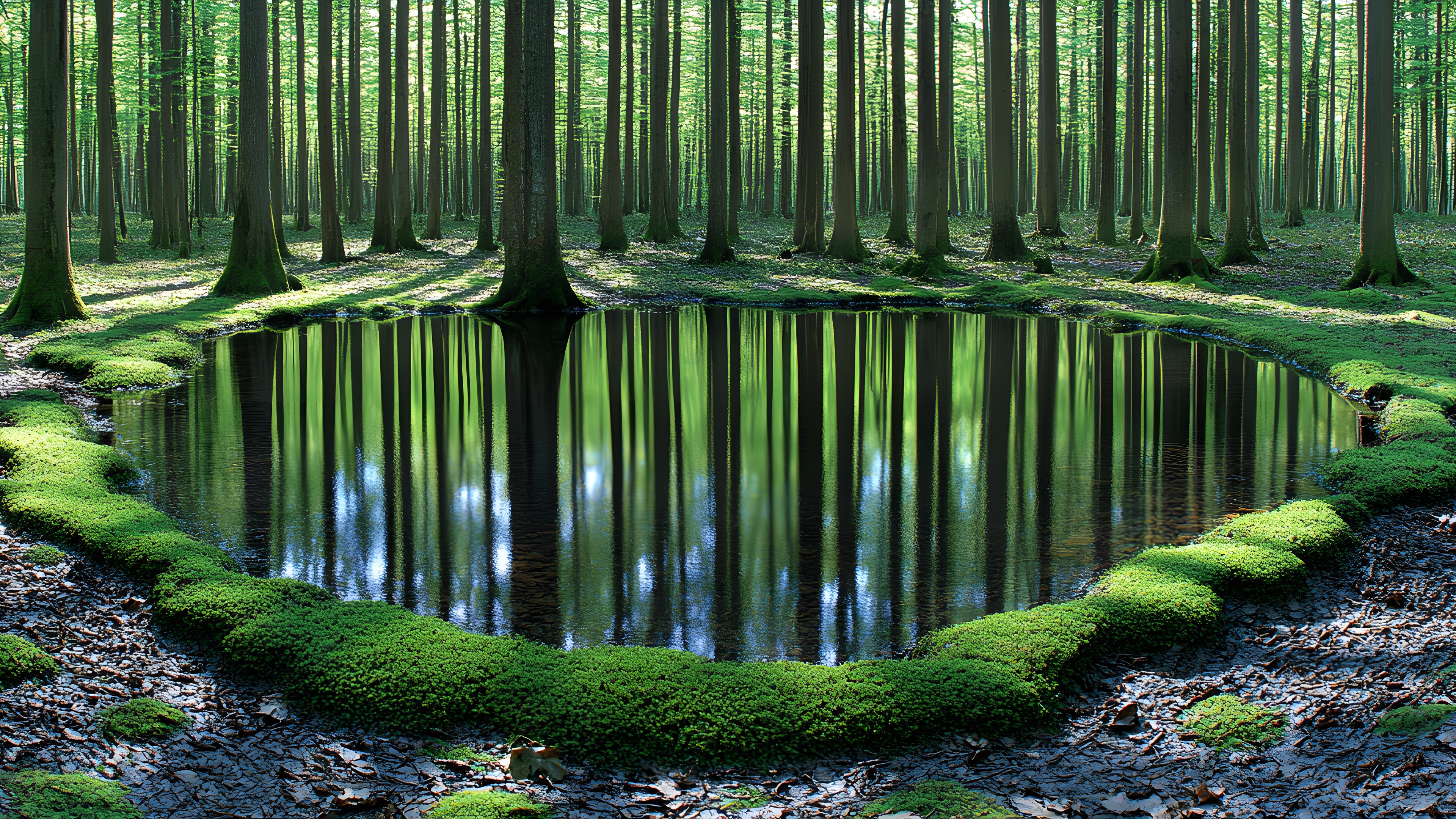 Green, Natural environment, Nature, Natural landscape, Reflection, Forest, Wetland, Pond, Trunk, Riparian forest, Algae, Symmetry, Northern hardwood forest, Swamp, Jungle, Old-growth forest, Woodland, Lacustrine plain, Rainforest, Bayou