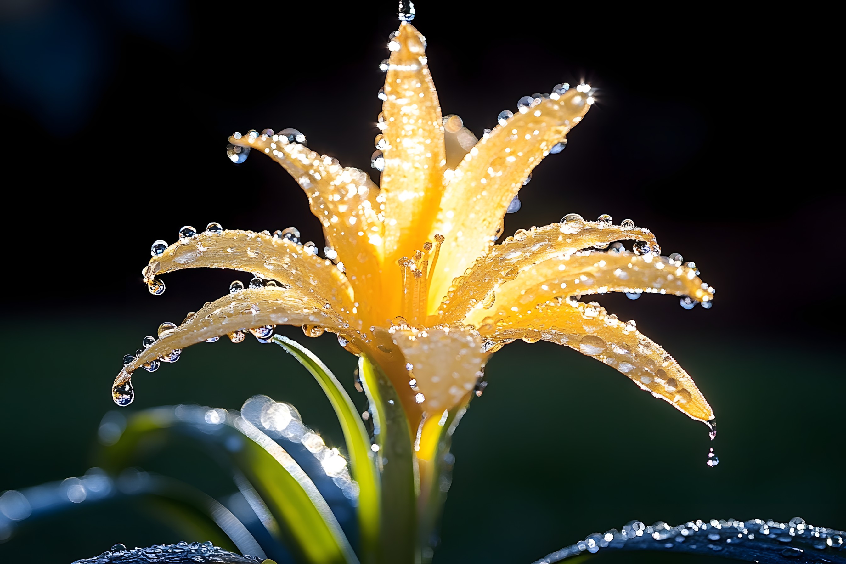 Moisture, Dew, Yellow, Green, Flower, Petal, Close-up, Drop, Macro photography, Lily, Herbaceous plant, Lilies, Daylily, Pollen, Amaryllidaceae