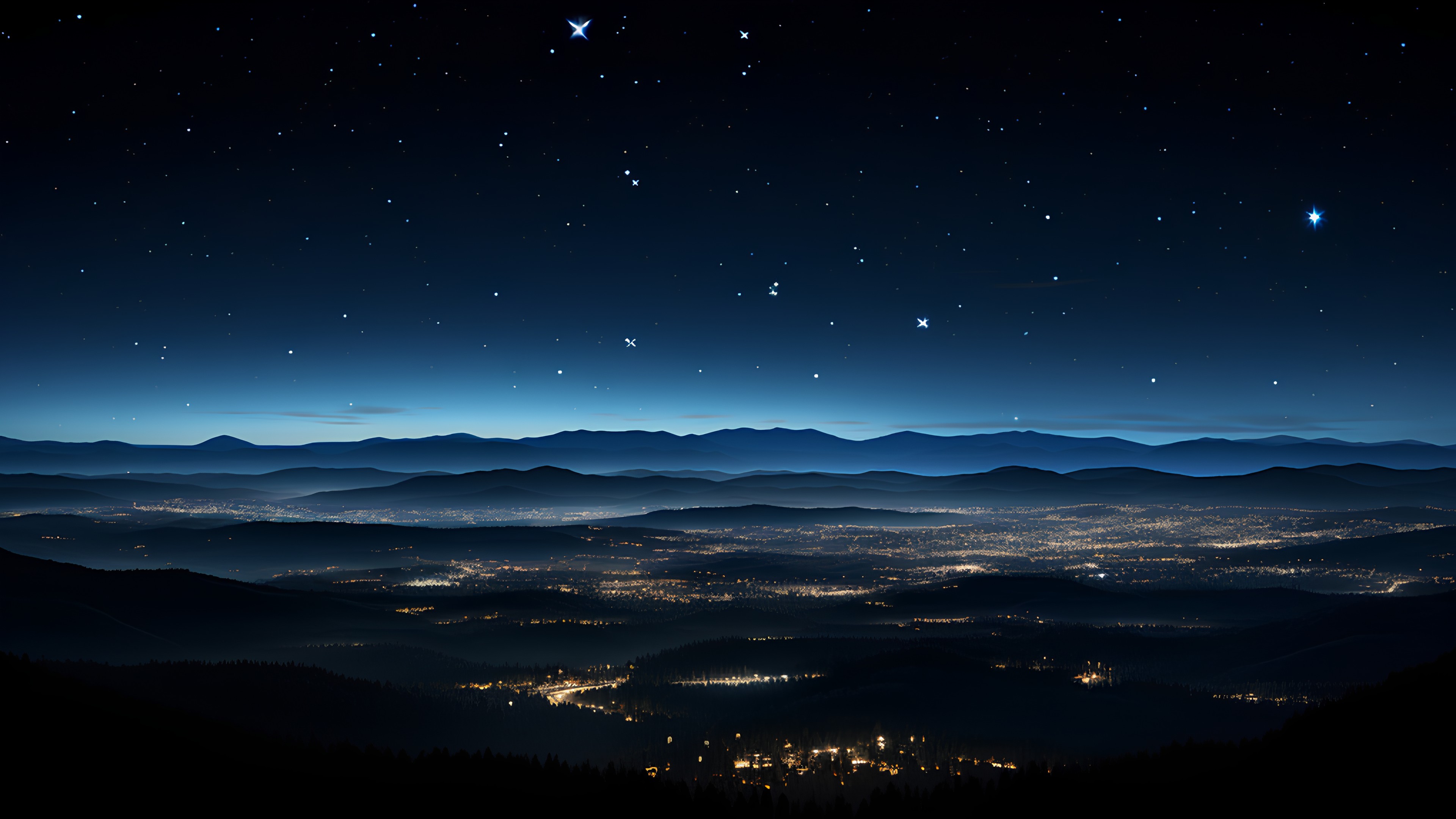 Sky, Atmosphere, Azure, Nature, Black, Natural landscape, Atmospheric phenomenon, Mountain, Horizon, Dusk, Landscape, Space, Astronomical object, Midnight, Science, Calm, Electric blue, Darkness, Star, Mountain range