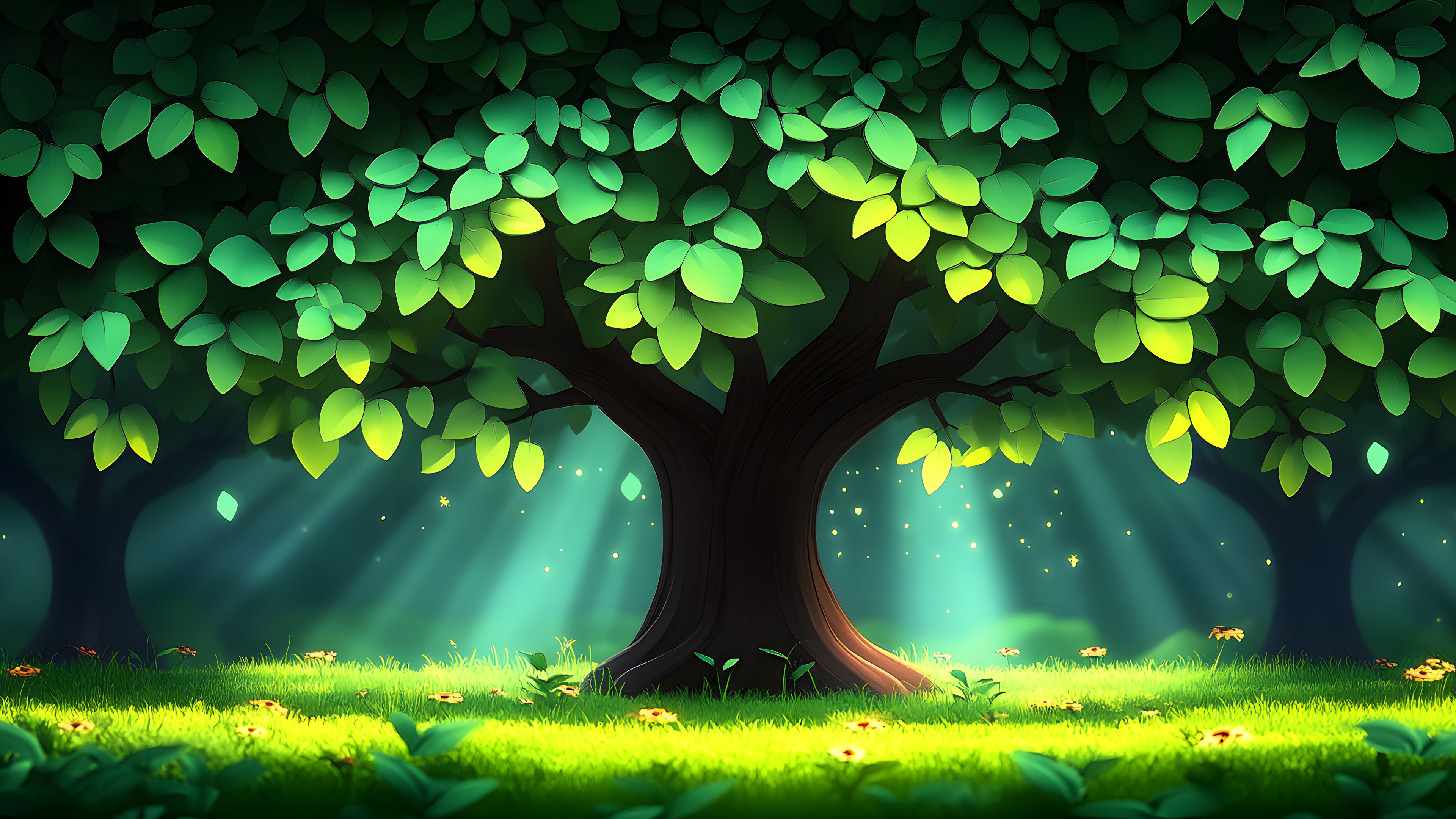Nature, Woody plant, Forest, Trunk, Jungle, Night, Animation, Graphics, Wallpaper, Old-growth forest