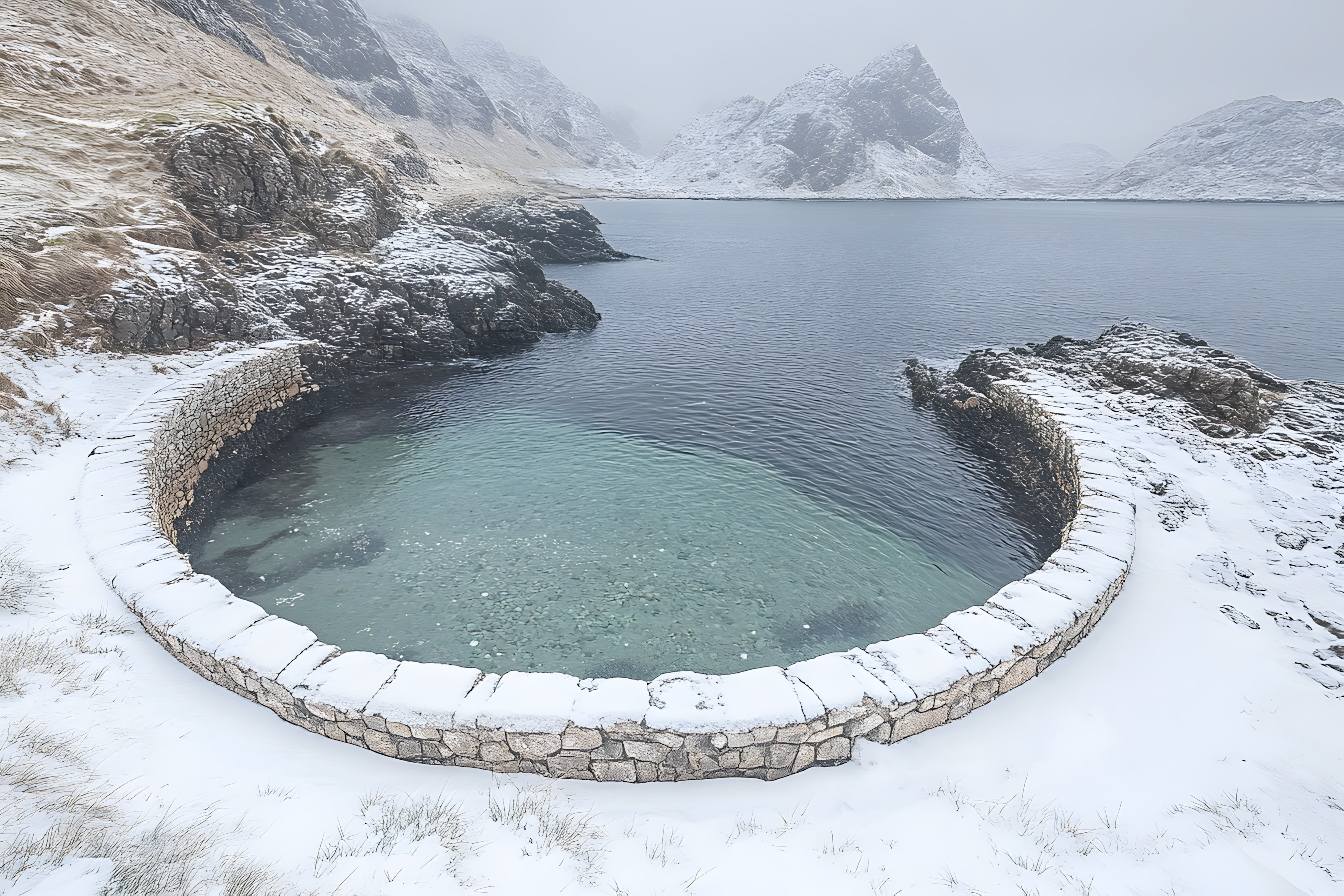 Water, Winter, Landscape, Rock, Terrain, Lake, Snow, Glacial landform, Coast, Ice, Shore, Glacial lake, Freezing, Mountain range, Reflection, Reservoir, Ice cap, Headland, Loch, Cove