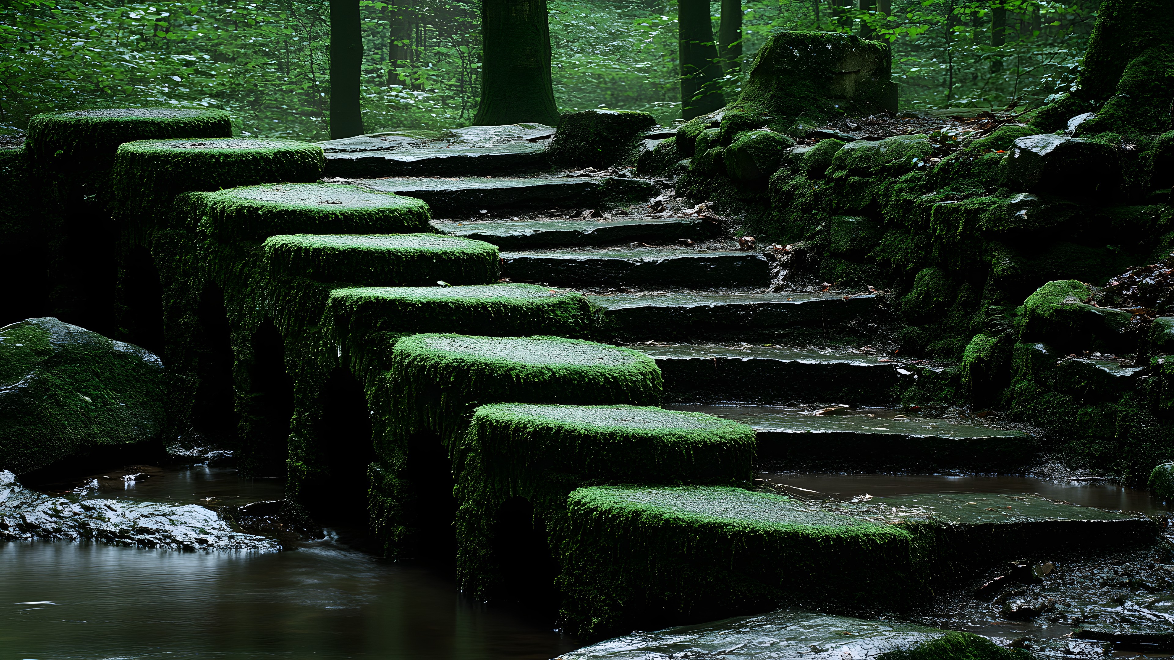 Green, Natural environment, Stairs, Groundcover, Environmental art, Algae, Moss, Bryophyte, Jungle, Old-growth forest, Green algae, Woodland, Rainforest, Valdivian temperate rain forest, Vascular plant