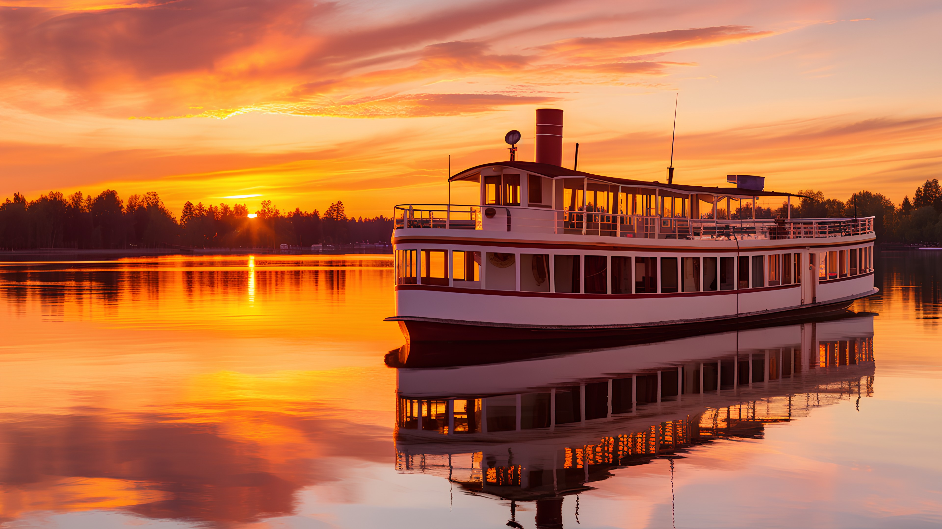 Water, Boat, Sky, Cloud, Afterglow, Light, Watercraft, Naval architecture, Orange, Vehicle, Red sky at morning, Dusk, Lake, Sunset, Sunrise, Horizon, Passenger ship, Morning, Ship, Steamboat