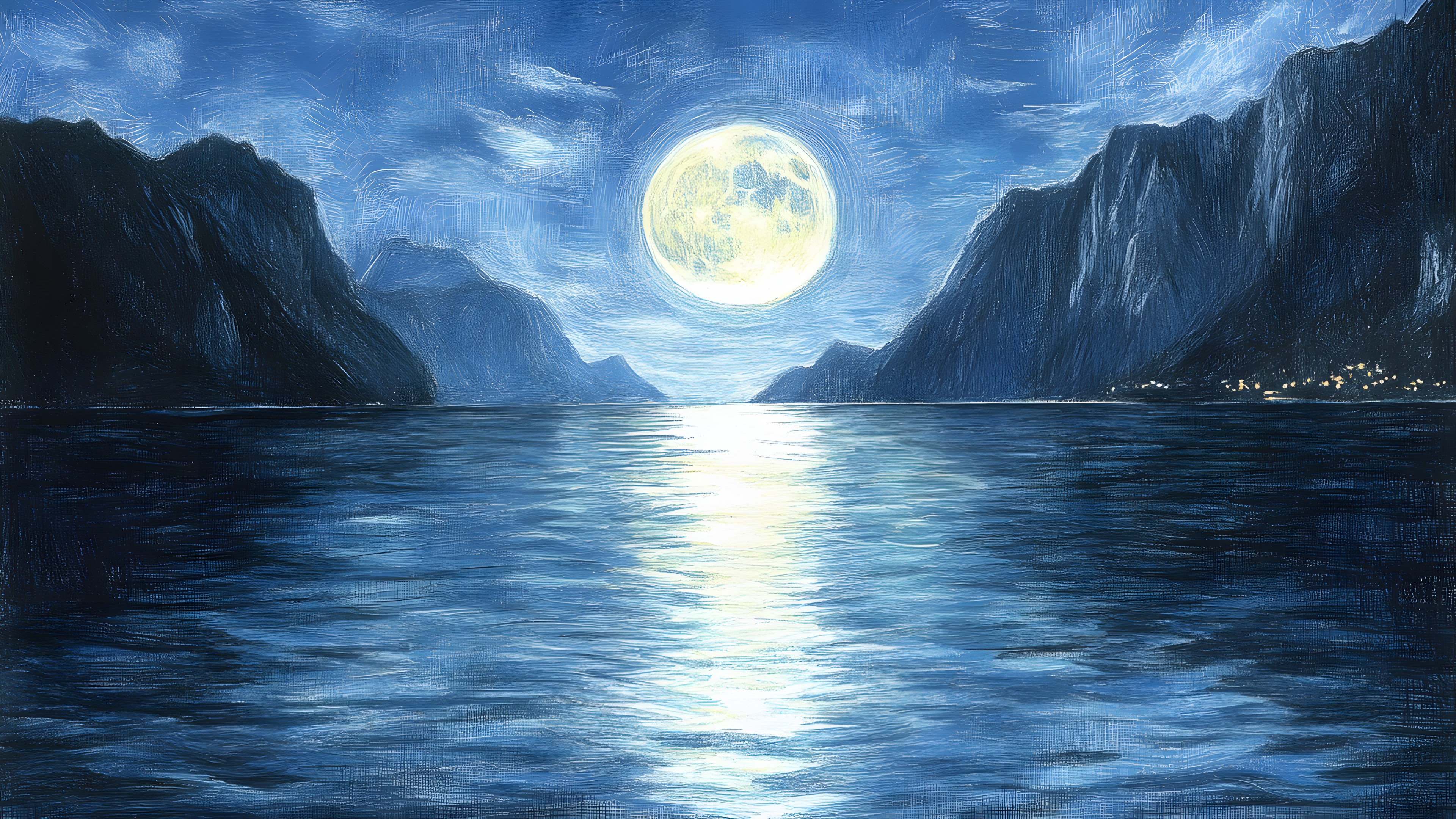 Blue, Moon, Astronomical object, Moonlight, Full moon, Sea, Reflection, Ocean, Celestial event, Sound, Mountain river, Loch, Wind wave, Lake District, Astronomy, Watercolor painting