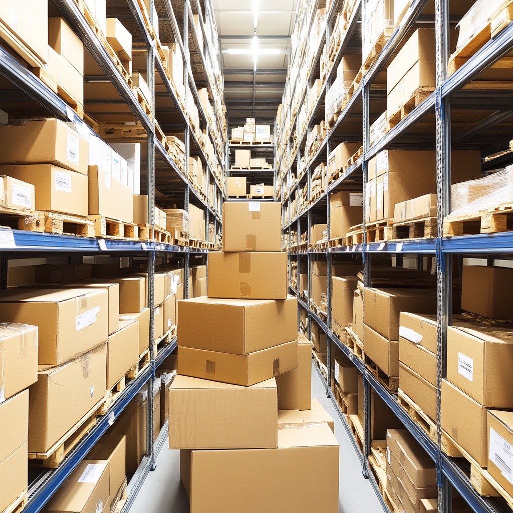 Warehouse, Inventory, Shelving, Shelf, Packaging and labeling, Cardboard Packaging, Box, Shipping Box, Package delivery, Retail, Collection, Mass production