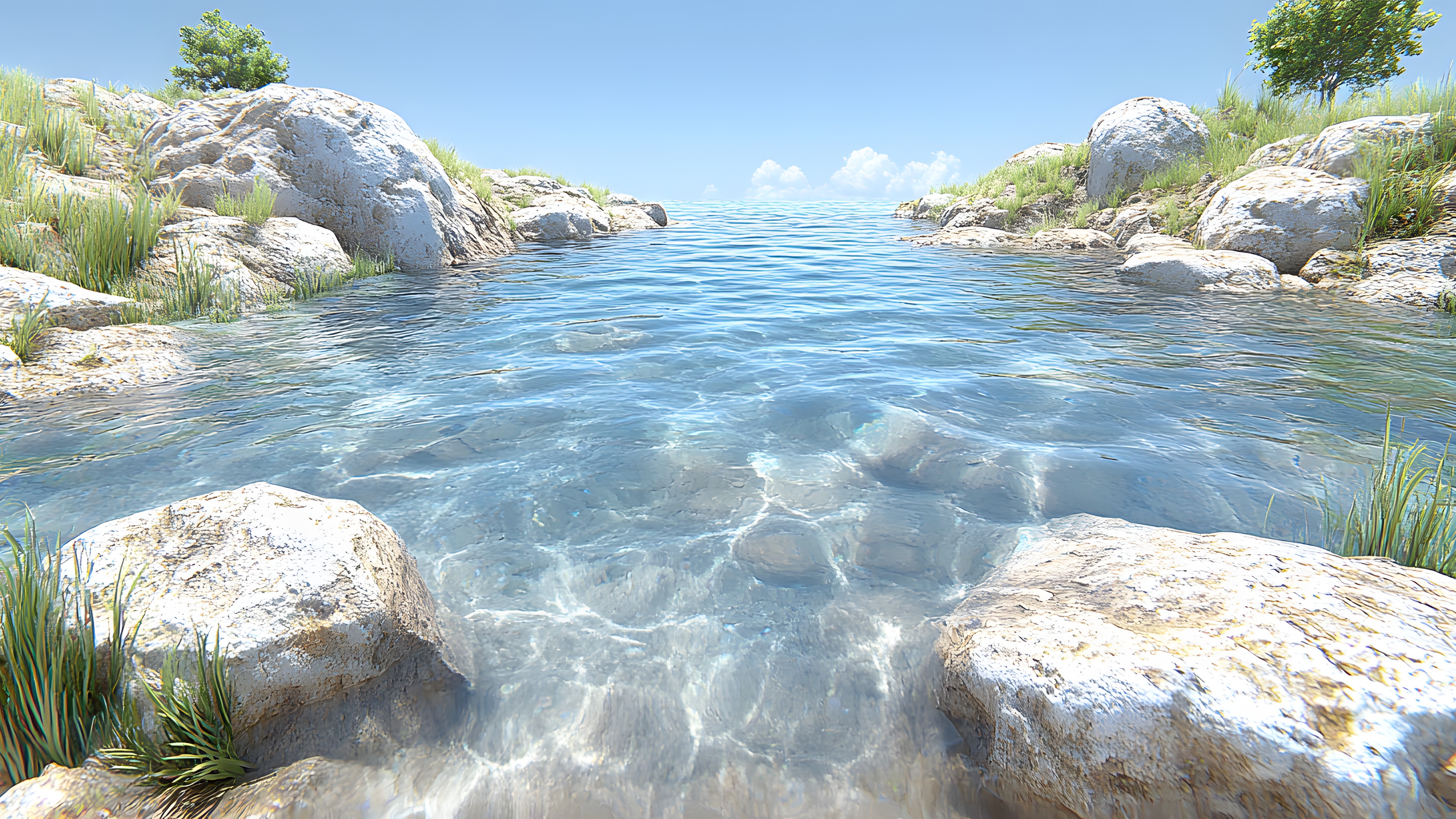 Blue, Natural landscape, Rock, Watercourse, Cloud, Bedrock, Cumulus, Stream, Fluvial landforms of streams, Mountain river, Reflection, Meteorological phenomenon, Tropics, Stream bed, Spring, Panorama, Outcrop, Creek, Riparian zone