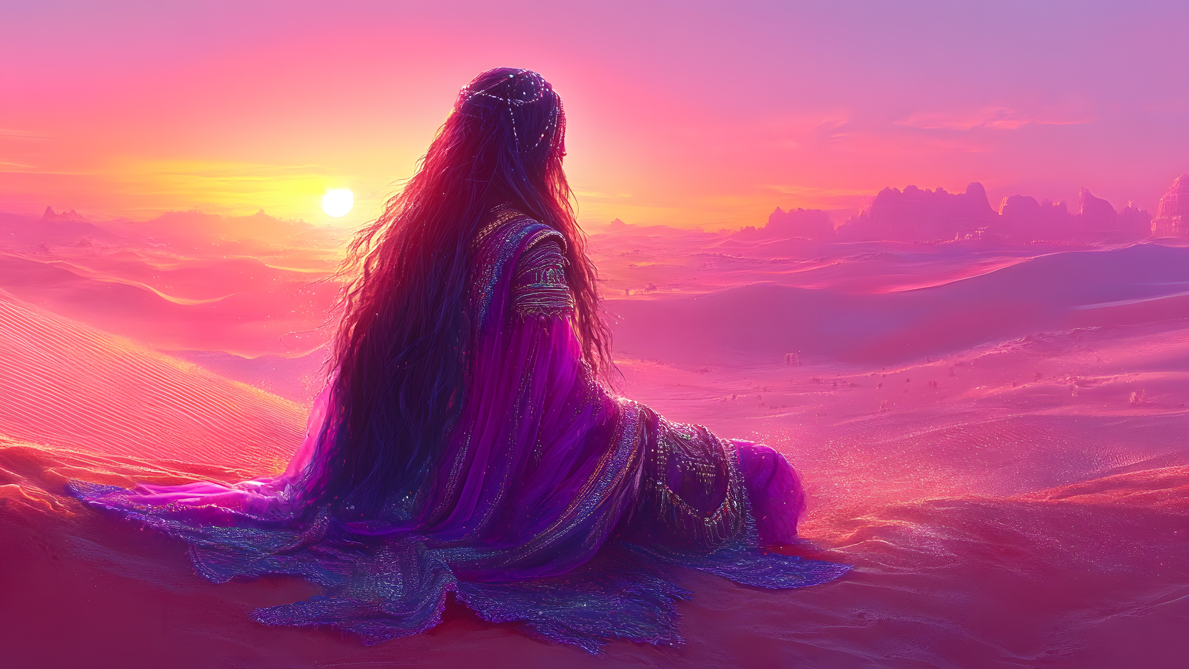 Pink, Red sky at morning, Purple, Dusk, Afterglow, CG artwork, Long hair, Sunrise, Sunset, Evening, Graphics, Animation, Wind, Astronomical object, Lens flare