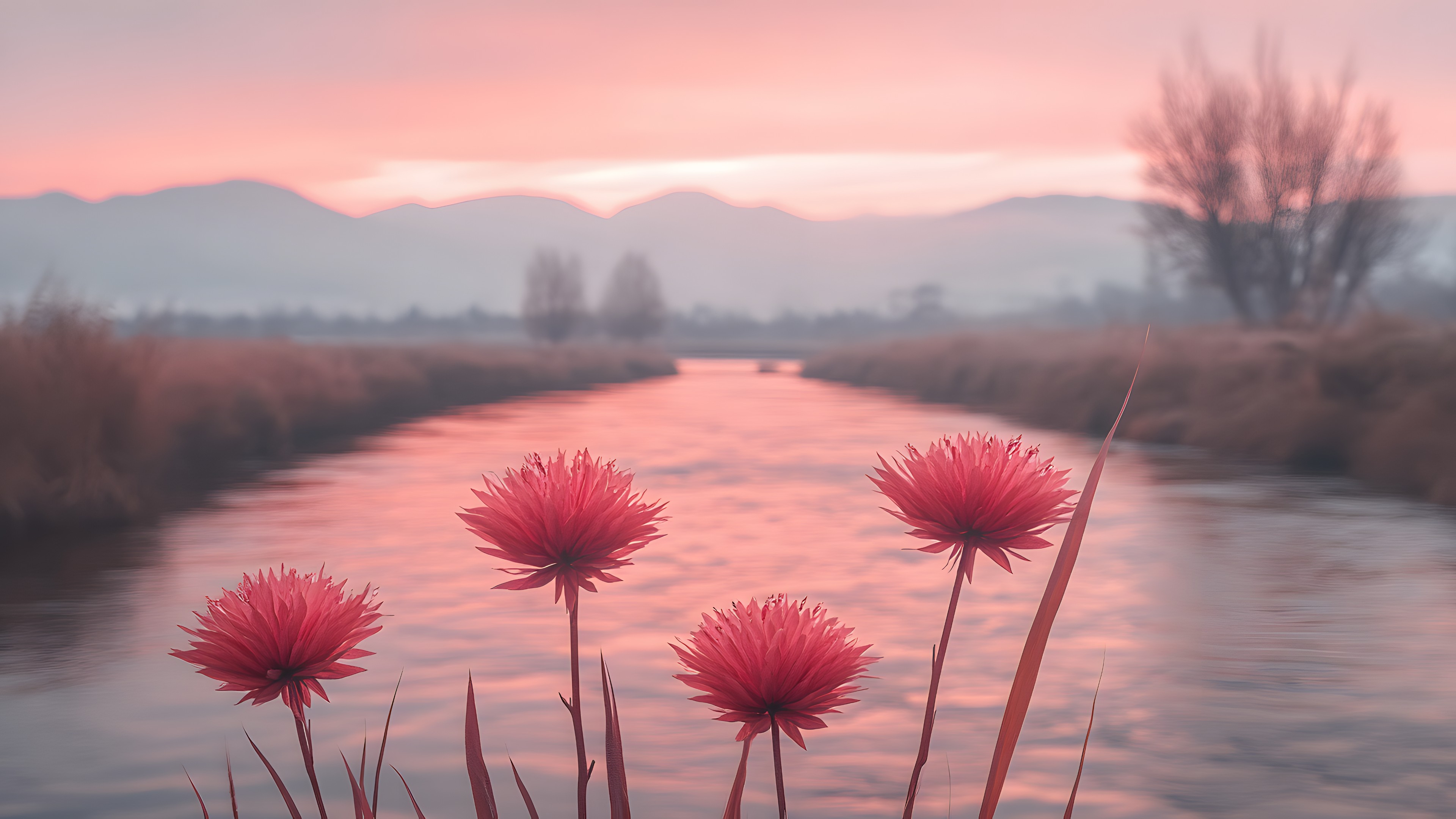 Pink, Reflection, Wetland, Plant stem, Evening, Pond
