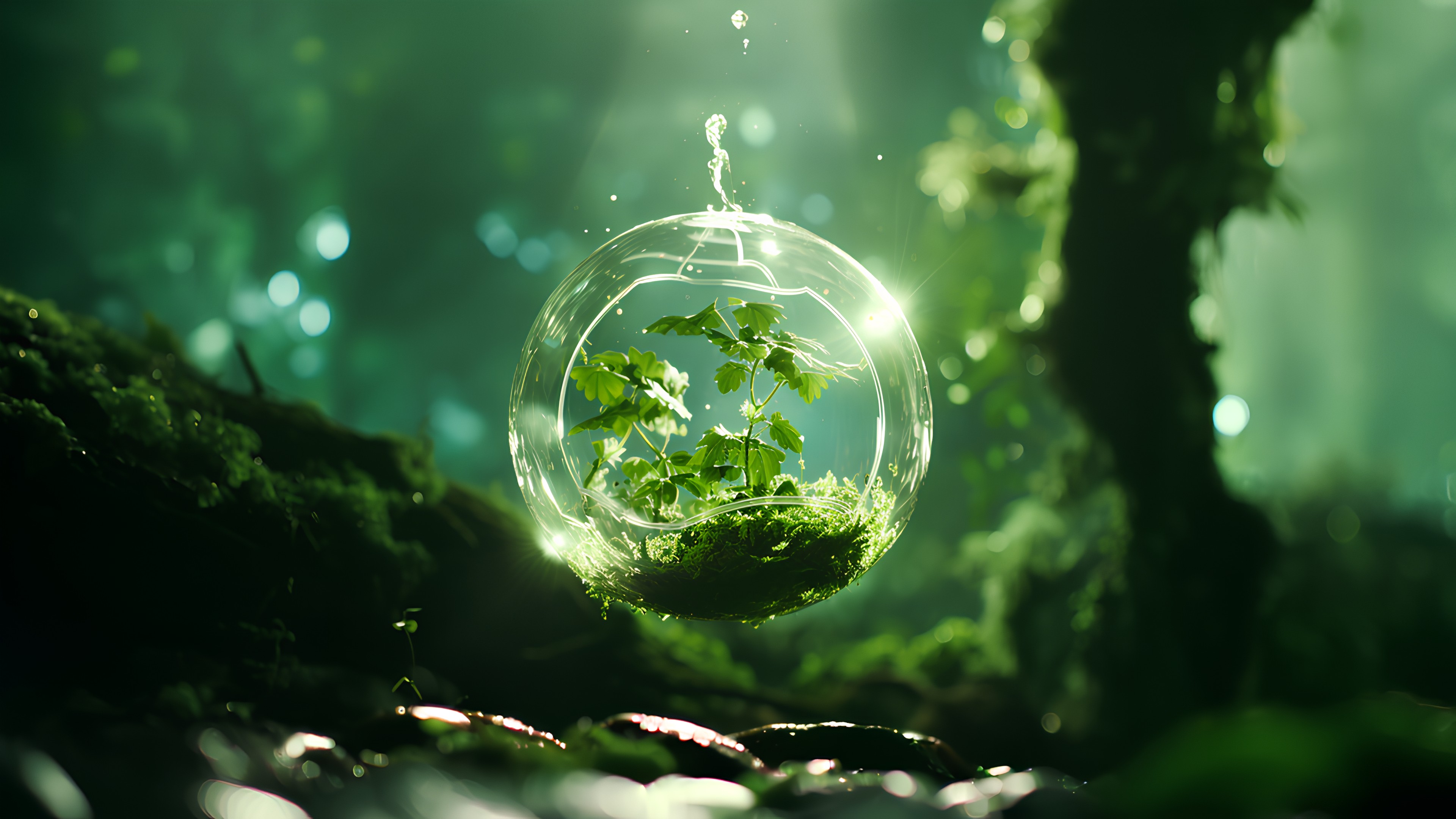 Water, Plant, Liquid, Nature, Sky, Leaf, Natural landscape, Sunlight, Terrestrial plant, Astronomical object, Ball, Grass, Twig, Tree, Glass, Liquid bubble, Circle, Landscape, Lens flare, Forest