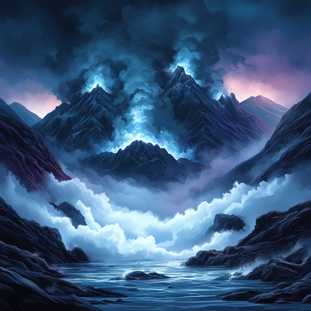 Blue, atmospheric phenomenon, Cloud, Mountain range, geological phenomenon, Glacial landform, Meteorological phenomenon, Glacier, Alps, Winter, Mist, CG artwork, Ridge, Valley, Summit, Mountain river, Wind, Mount Scenery, Moonlight, Watercolor painting