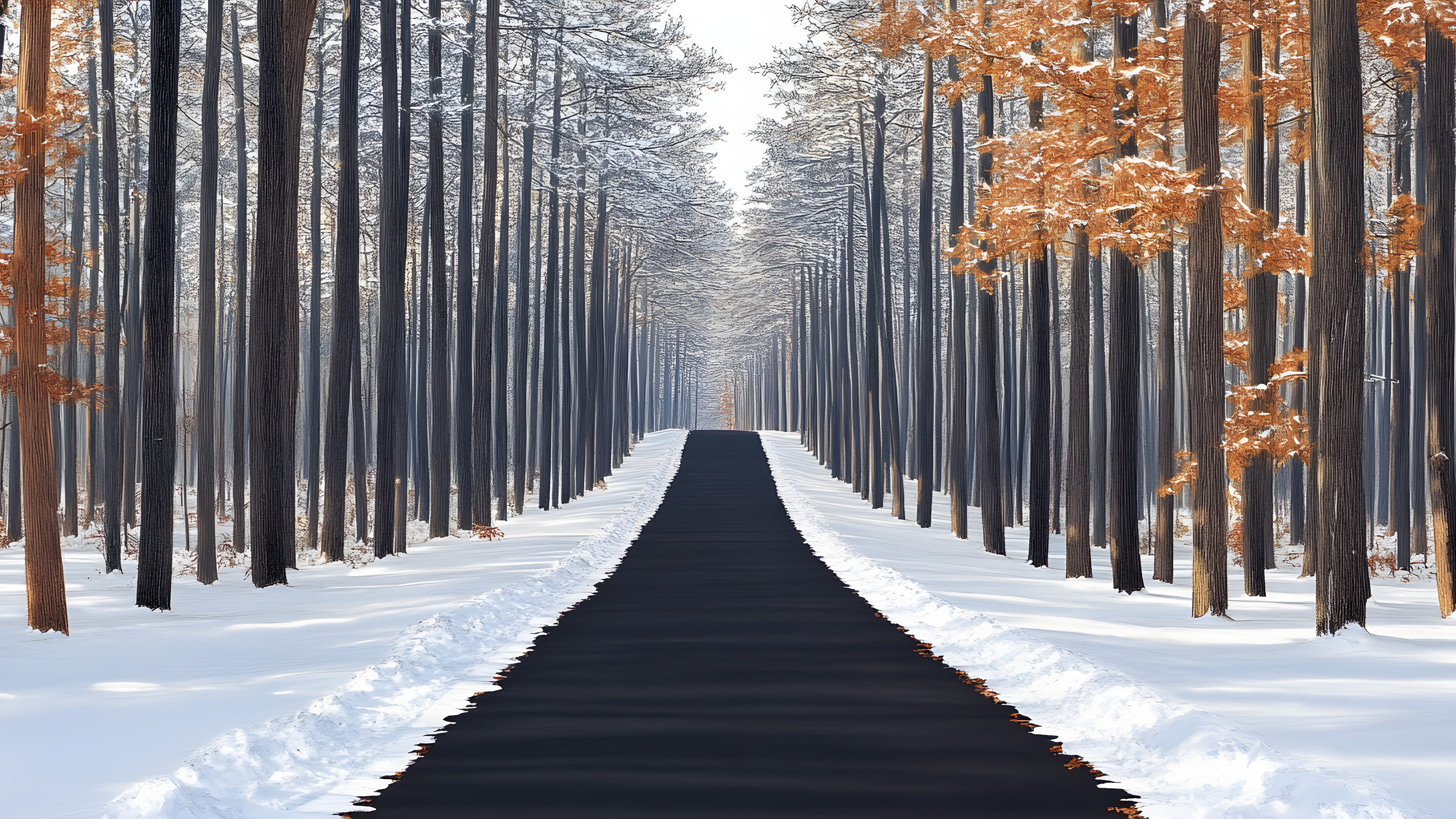 Wood, Branch, Winter, Snow, Trunk, Freezing, Sunlight, Grove, Morning, Forest, Woodland, Twig, Shadow, Frost, Symmetry, Precipitation, Northern hardwood forest, Walkway, Ice, Path