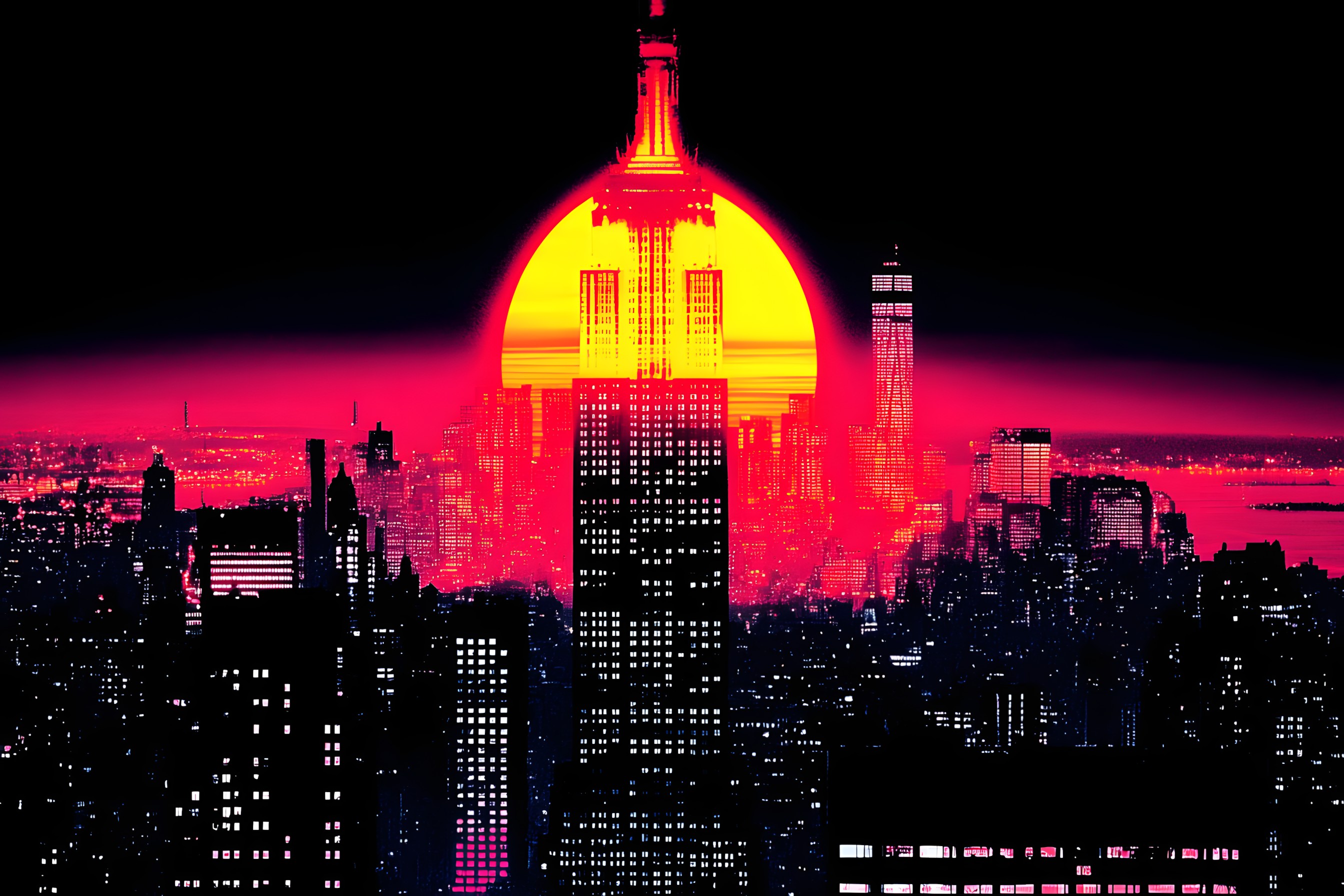 Red, Tower, Skyscraper, High-rise building, Night, Metropolis, Skyline, Cityscape, Evening, Midnight, Graphics, Spire, Dusk, Neon