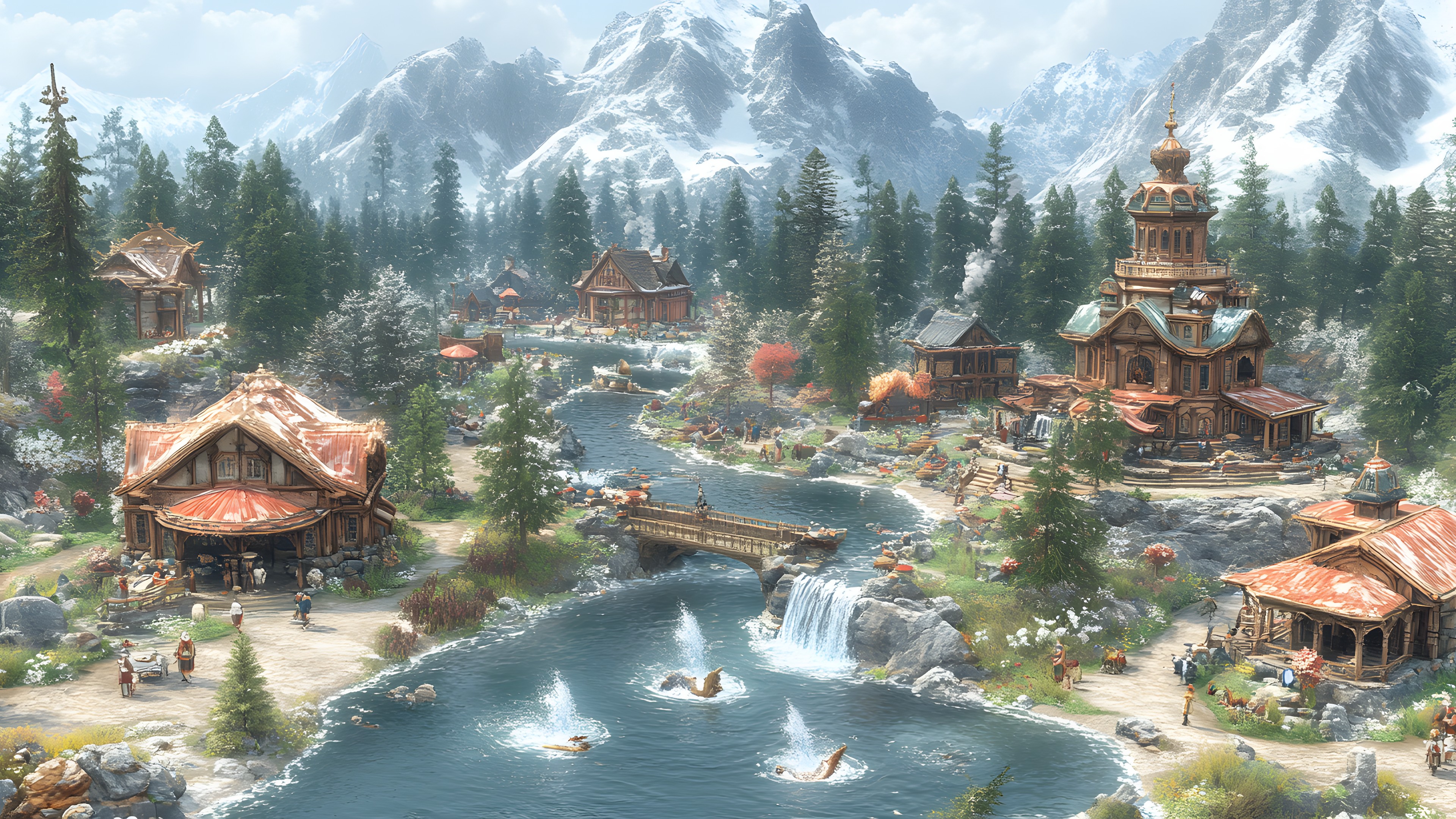 Tree, Plants, Natural landscape, Landscape, Forest, Bank, Game, Village, Valley, Video Game Software, PC game, Mountain river, Mountain Village, Strategy video game, Hut, Conifers, Riparian zone, Winter, Adventure game, Animation