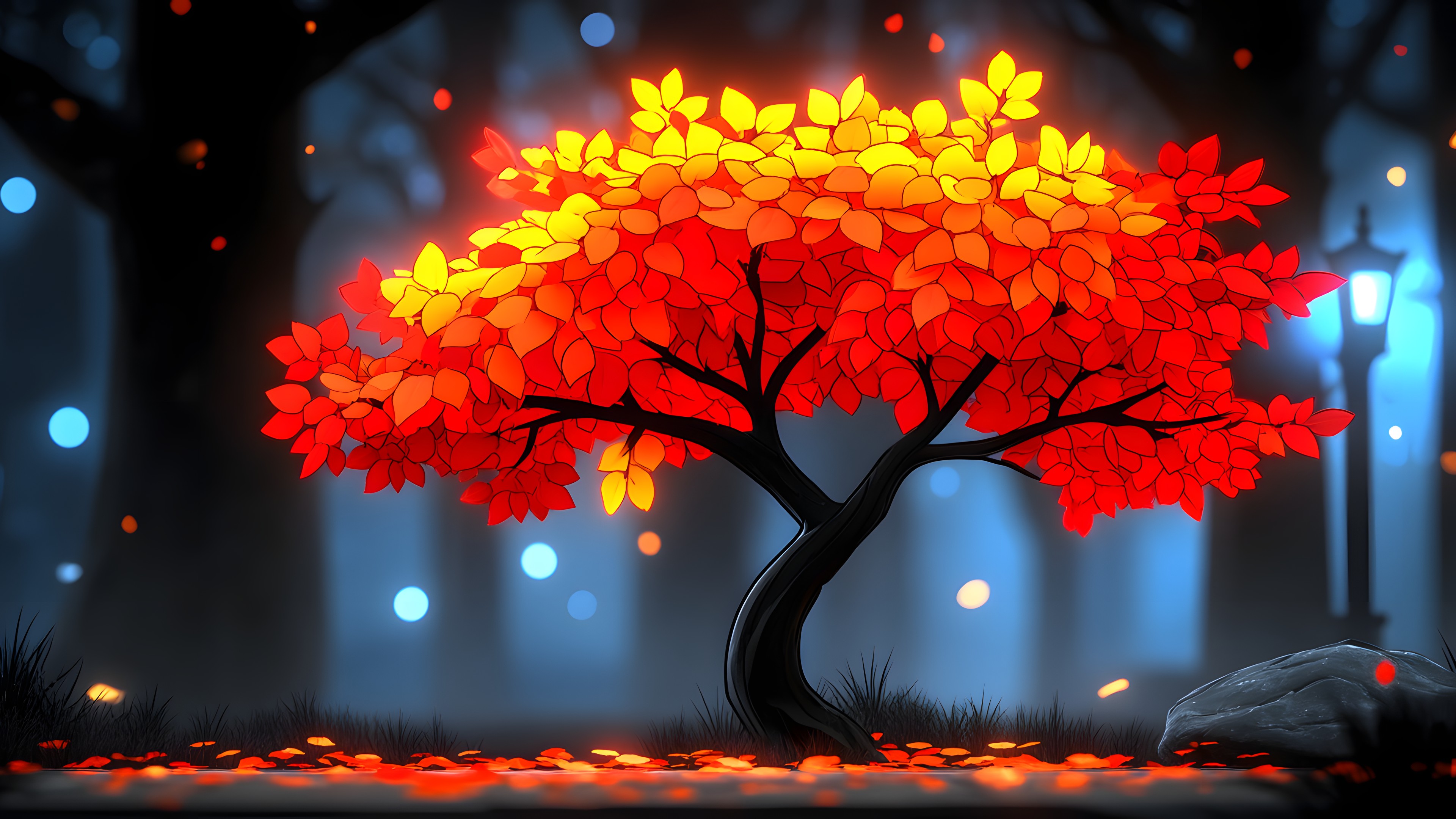 Red, Branch, Orange, Twig, Night, Autumn, Woody plant, Graphics, Maple leaf, Animation, Maple, Graphic design