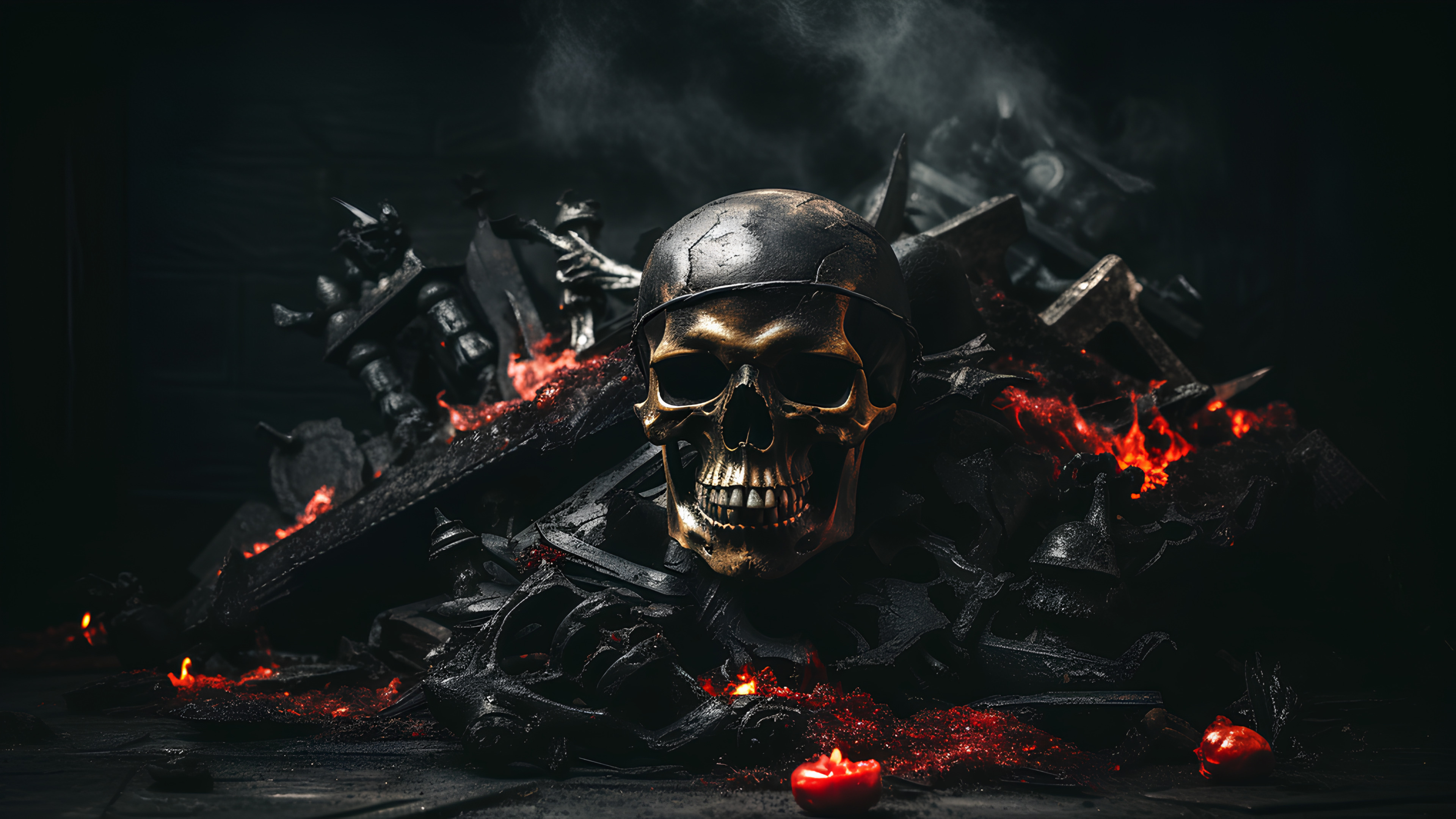 Art, Font, Cg artwork, Bone, Skull, Event, Space, Fictional character, Darkness, Metal, Graphics, Personal protective equipment, Illustration, Supernatural creature, Video game software, Visual arts, Carmine, Pc game, Graphic design