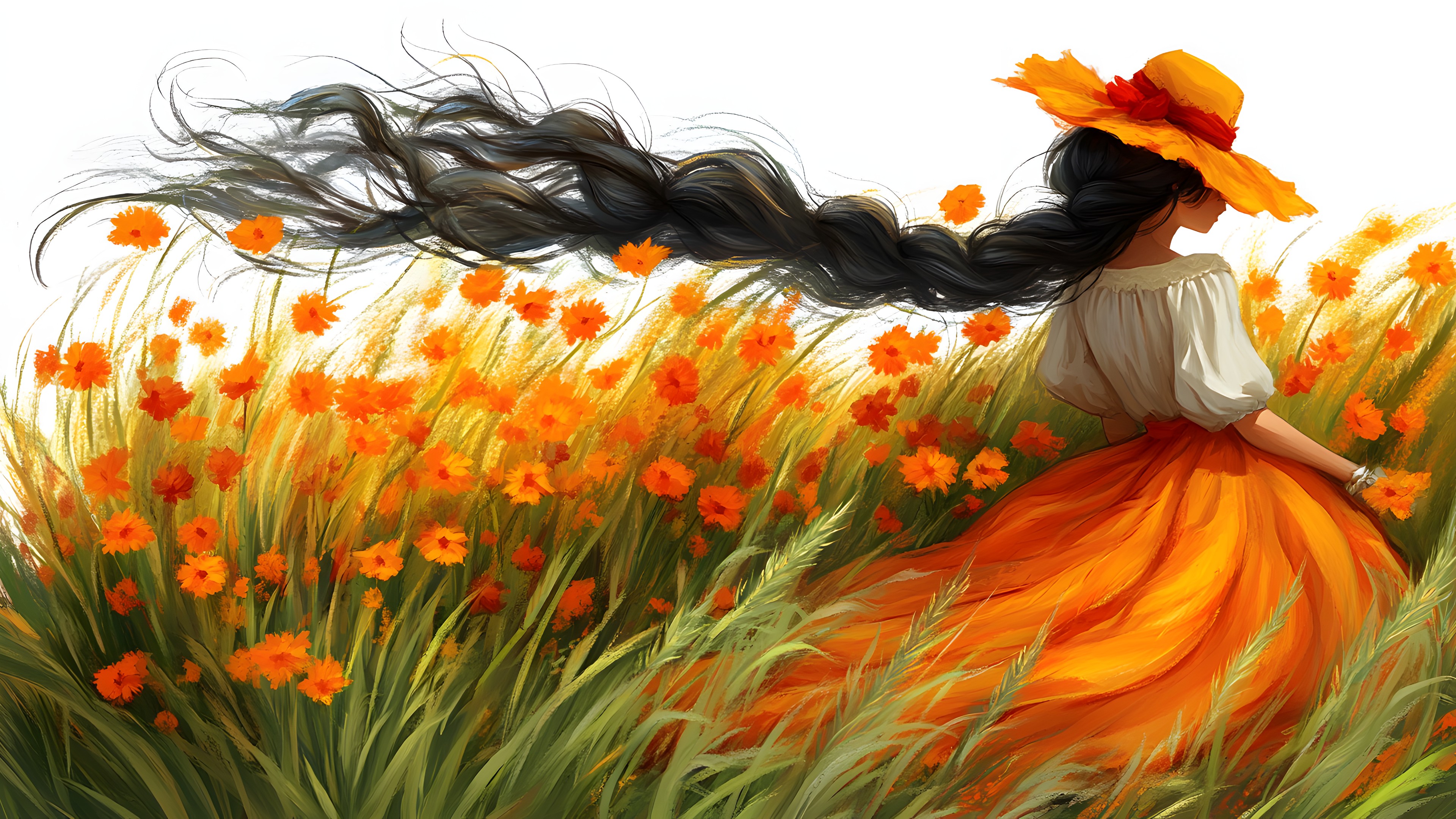 Yellow, Petal, People in nature, Painting, Illustration, CG artwork, Long hair, Fashion illustration, Animation, Watercolor painting, Animated cartoon, Wildflower, Acrylic paint, Fictional character, Sunflowers