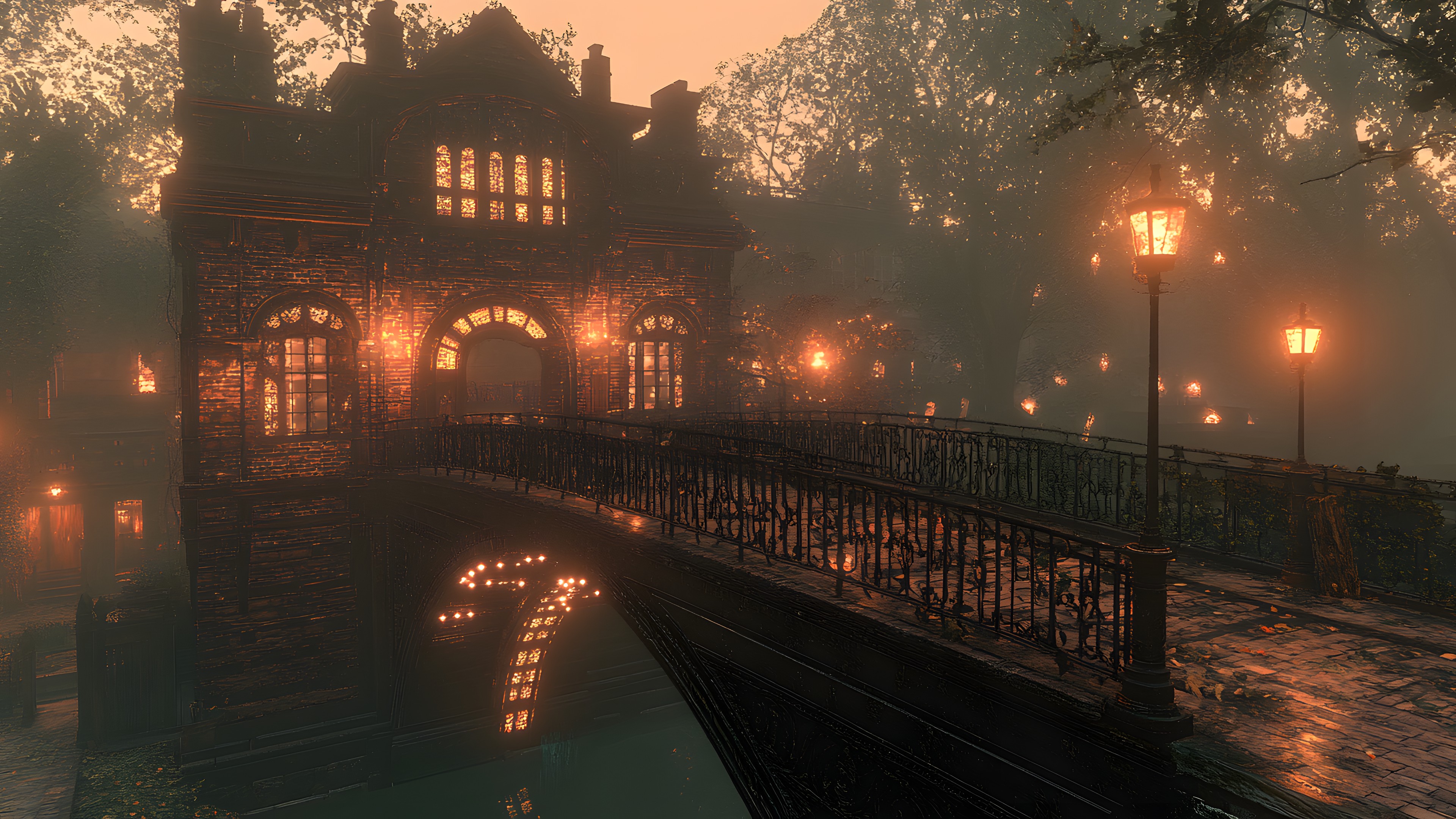 Bridge, atmospheric phenomenon, Arch bridge, Mist, Evening, Night, Fog, Midnight, Haze, PC game, Video Game Software, Digital compositing, CG artwork, Lens flare, Fence, Mansion