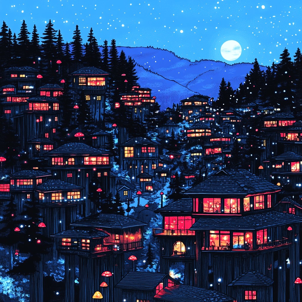 Night, Evening, Winter, Midnight, Astronomical object, Moonlight, Moon, Mountain Village, Precipitation