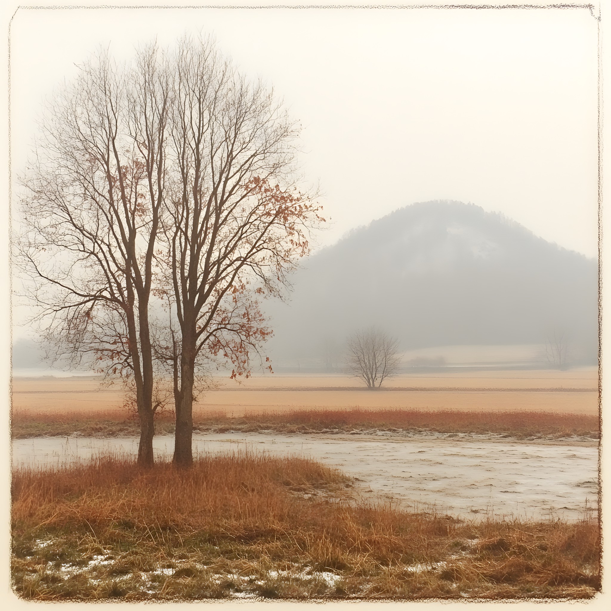 Nature, Natural landscape, atmospheric phenomenon, Ecoregion, Landscape, Brown, Plain, Twig, Trunk, Winter, Morning, Woody plant, Savanna, Fog, Mist, Haze, Wind, Hinterland