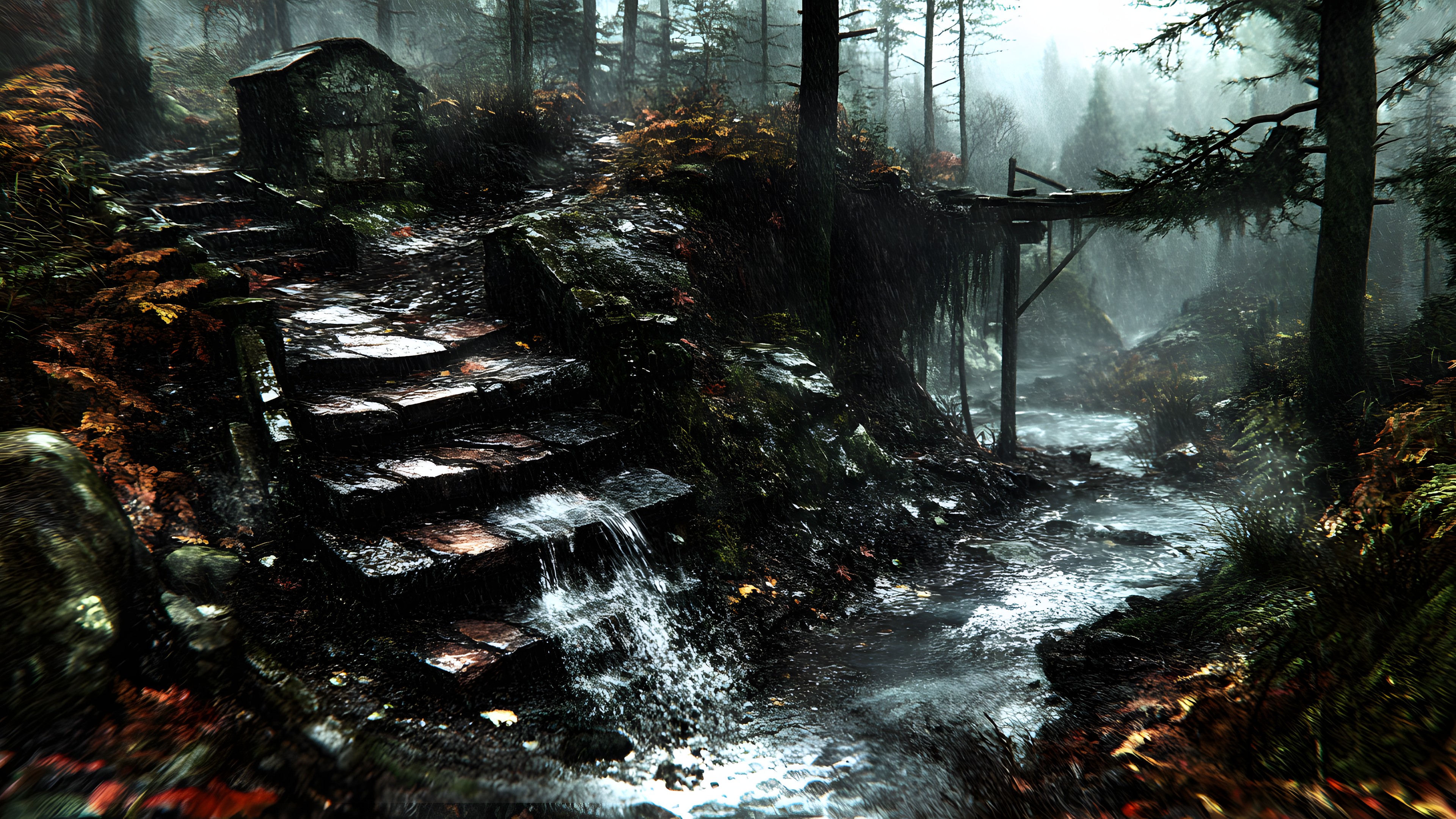 Forest, Old-growth forest, Stream, Jungle, Woodland, Stairs, Valdivian temperate rain forest, Rainforest, Mist, PC game, CG artwork, Northern hardwood forest, Temperate broadleaf and mixed forest, Digital compositing