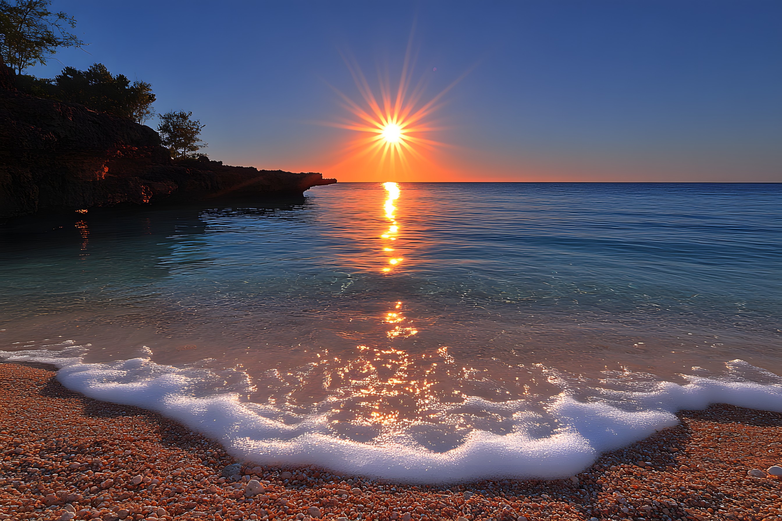 Water, Body of water, Horizon, Sun, Fluid, Sunset, Sunrise, Sea, Dusk, Astronomical object, Summer, Afterglow, Rock, Orange, Coast, Beach, Ocean, Sunlight, Coastal and oceanic landforms, Evening