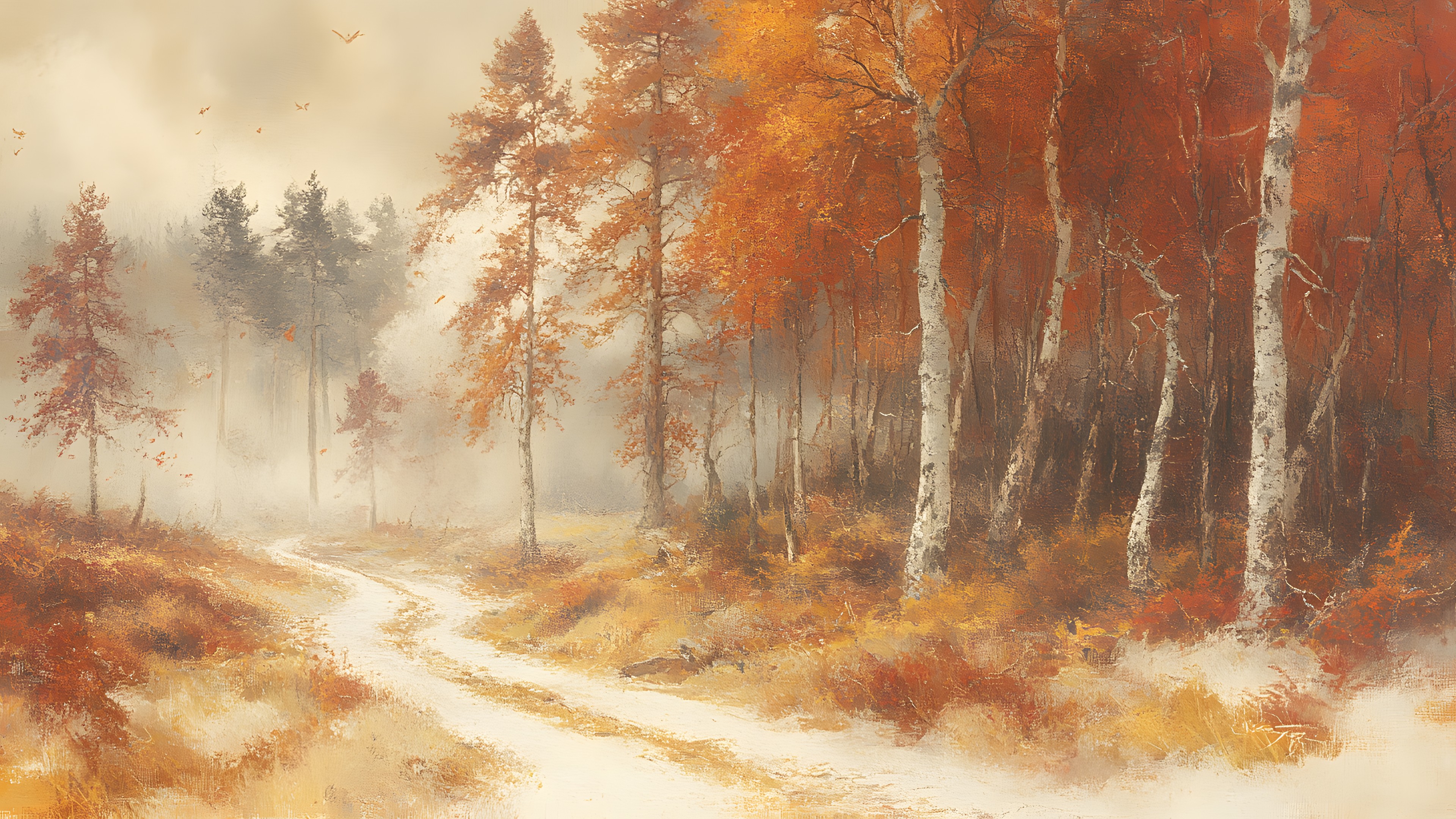 atmospheric phenomenon, Forest, Orange, Woodland, Winter, Watercolor painting, Trunk, Autumn, Mist, Fog, Grove, Northern hardwood forest, Trail, Old-growth forest, Temperate broadleaf and mixed forest, Acrylic paint, Art Paint, Paint, Haze, Birch