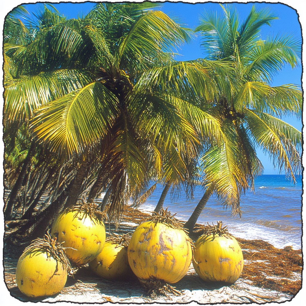 Fruit, Produce, Coconut, Natural foods, Palm trees, Food, Tropics, Caribbean, Fruit tree, Beach