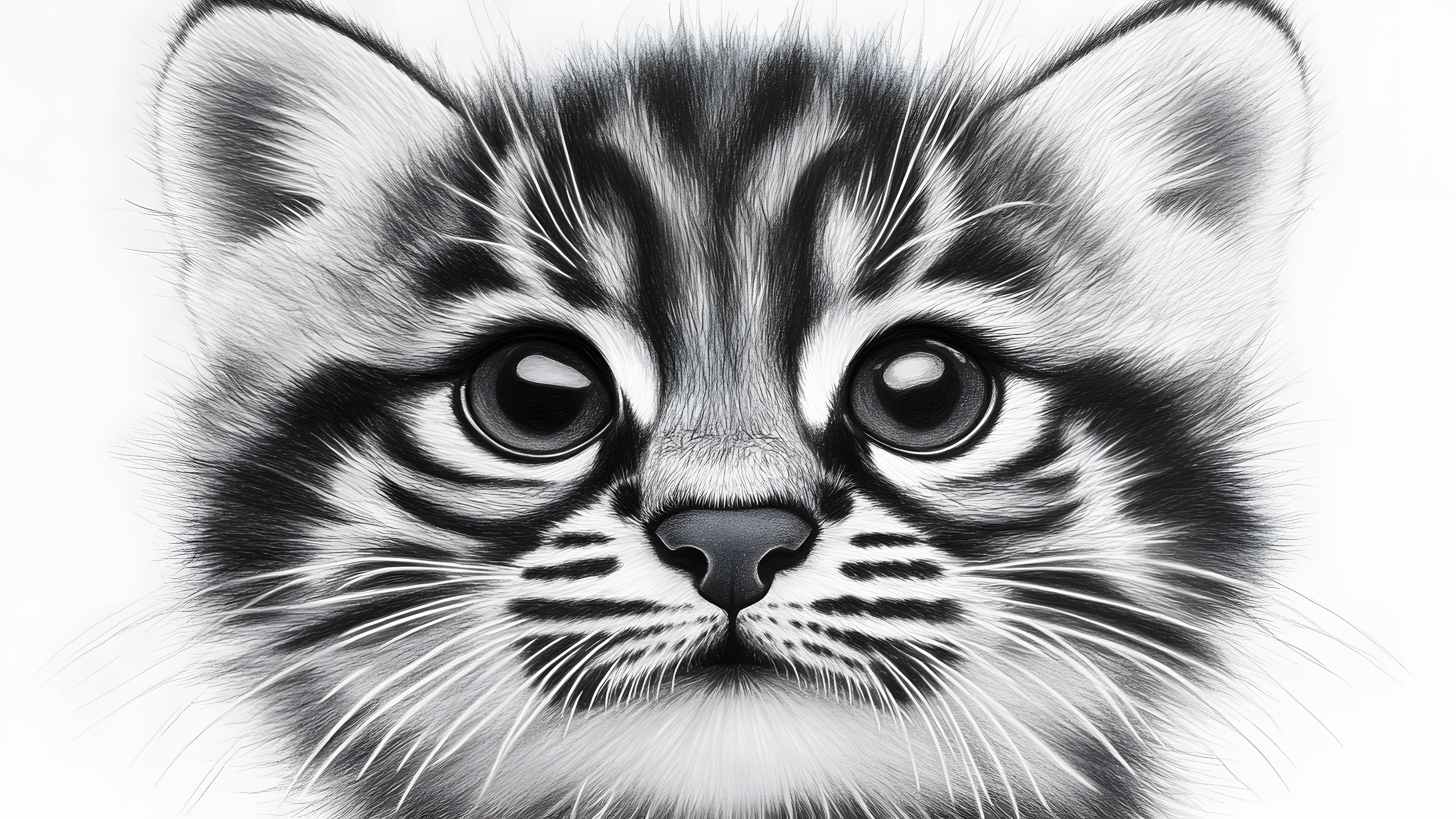 Felidae, White, Vertebrate, Facial expression, Whiskers, Cat, Felinae, Snout, Carnivores, Terrestrial animal, Panthera, Black and white, Line art, Fur, Sketch, Graphics, Kitten