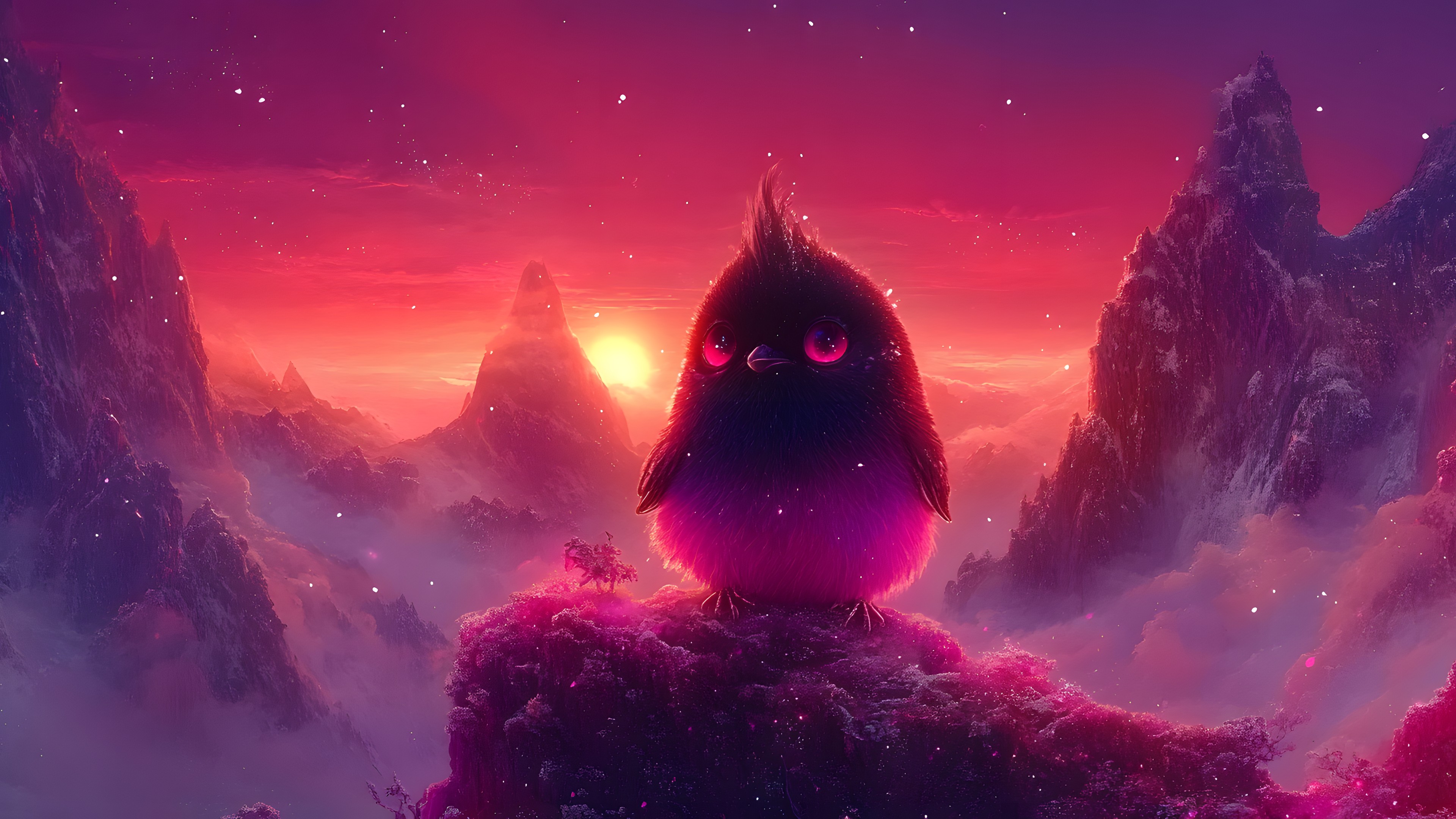 atmospheric phenomenon, Pink, Star, Meteorological phenomenon, Astronomical object, Bird, Graphics, Graphic design, Animation, Universe, Red sky at morning, Wallpaper, Beak, Fictional character