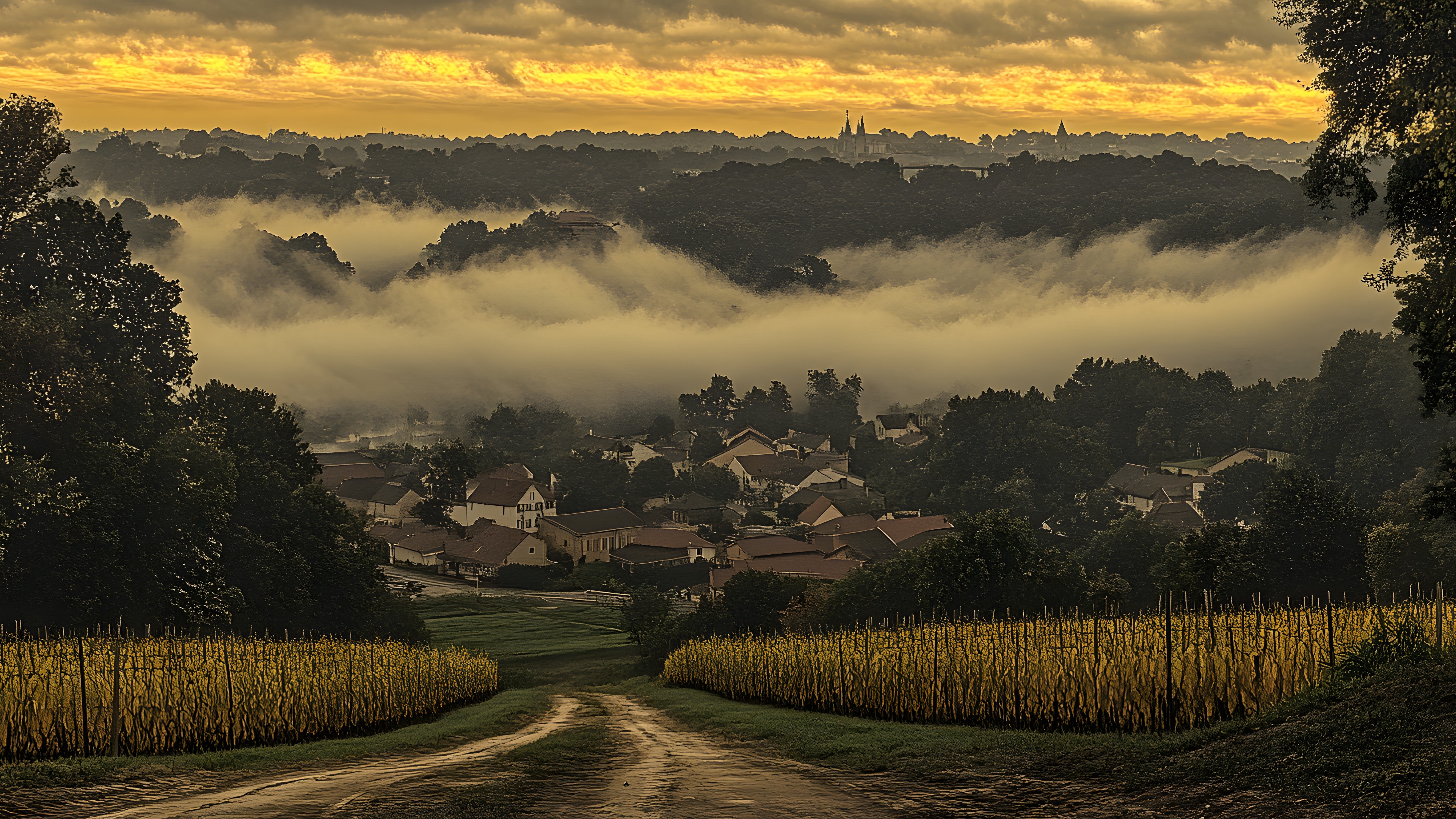 atmospheric phenomenon, Natural landscape, Mist, Hill, Landscape, Rural area, Human settlement, Evening, Sunlight, Morning, Haze, Field, Fog, Plantation, Village, Hill station, Agriculture, Sunrise, Farm, Meadow