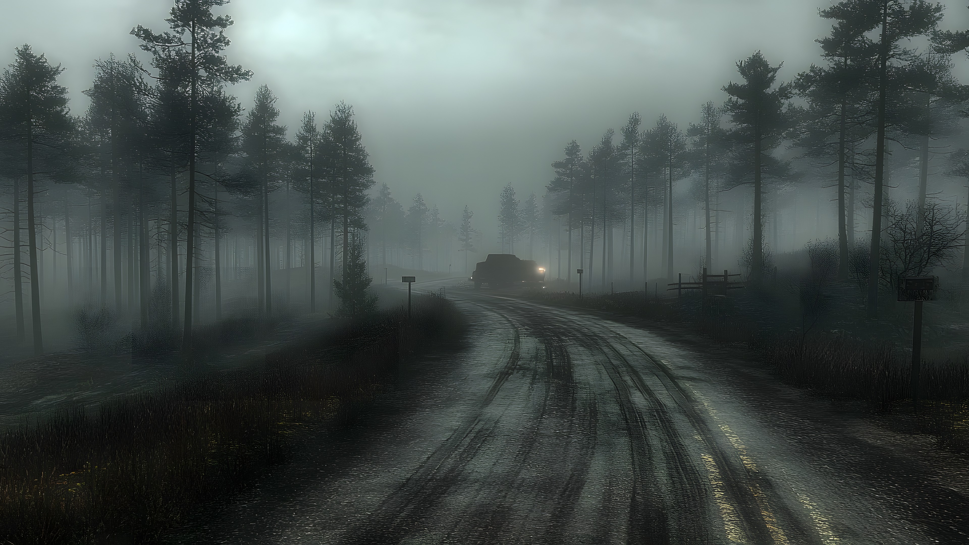atmospheric phenomenon, Road, Mist, Fog, Forest, Haze, Woodland, Spruce-fir forests, Trail, Jungle, Conifers, Old-growth forest, Winter, Wind, Evening, Fir, Lens flare, Path, Tropical and subtropical coniferous forests