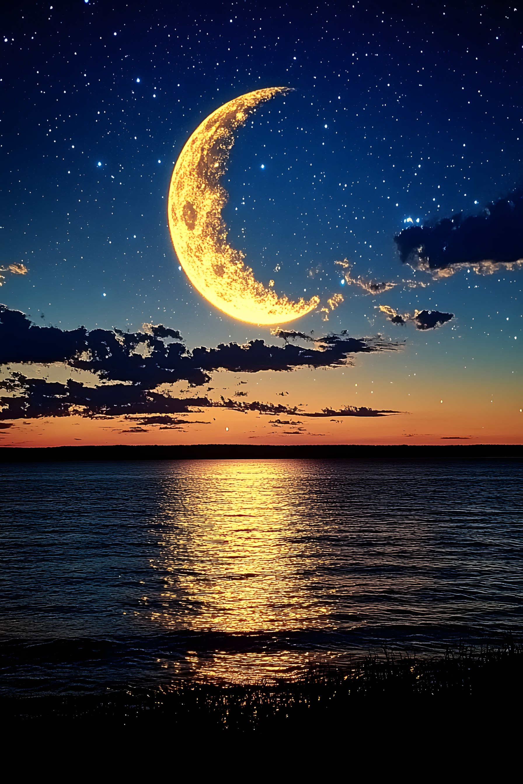 Moon, Sky, Astronomical object, Crescent, Dusk, Sea, Moonlight, Sunset, Ocean, Sunrise, Celestial event, Afterglow, Night, Astronomy, Evening, Eclipse, Beach, Midnight, Dawn, Sun