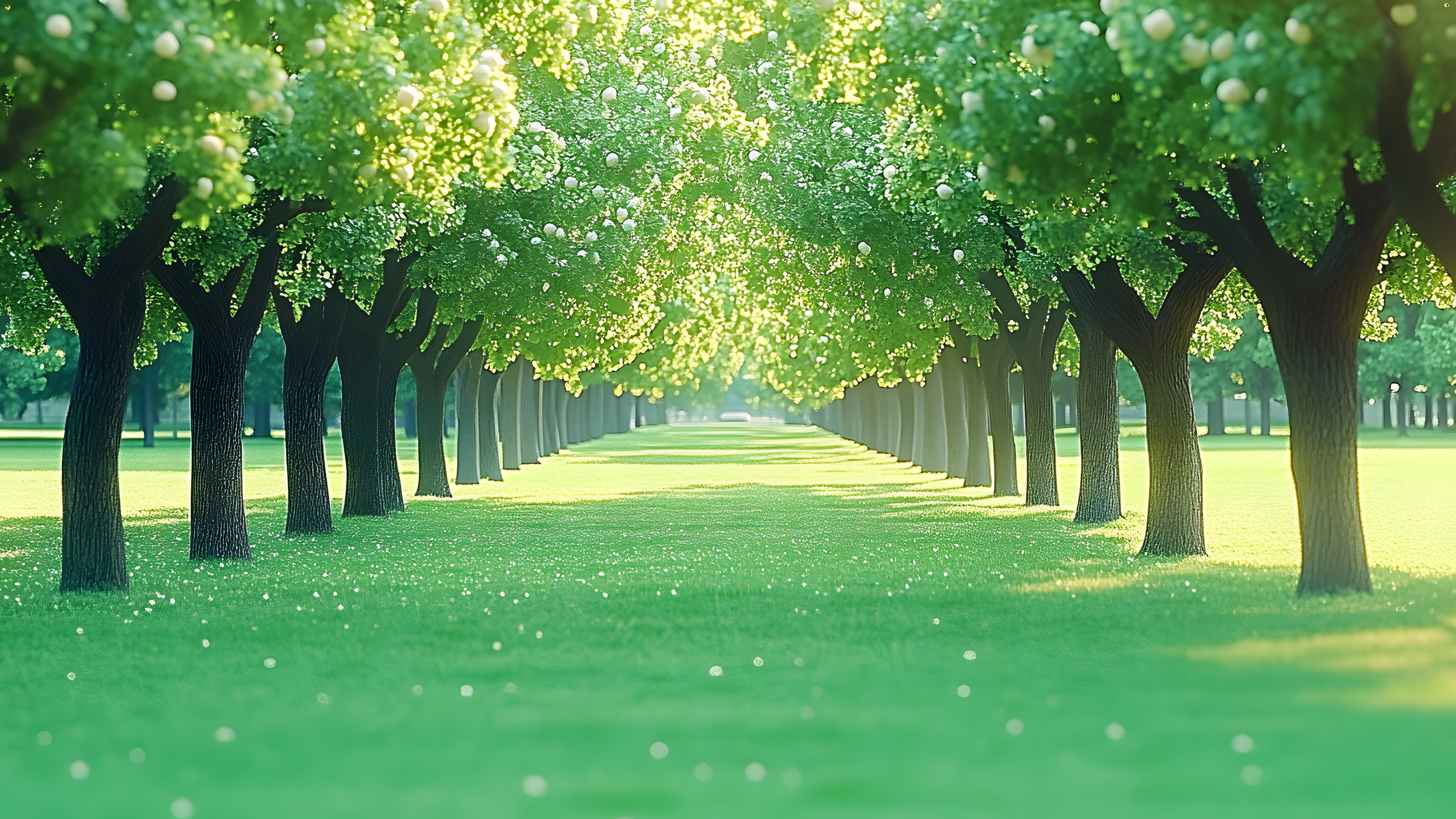 Nature, Green, Leaf, Grass, Natural environment, Trunk, Spring, Sunlight, Woody plant, Lawn, Landscaping, Shade, Park, Plantation, Grove, Shadow, Path