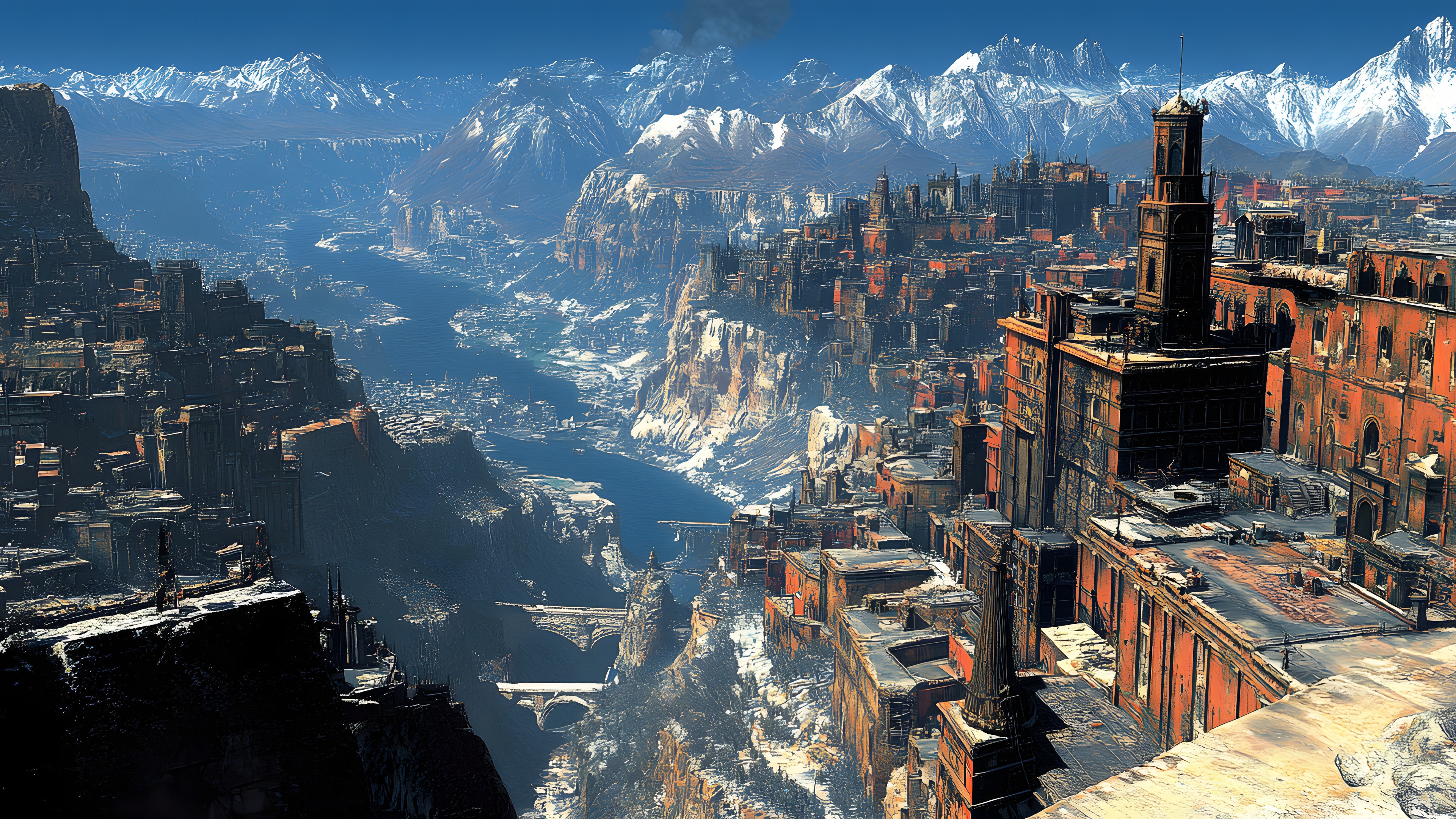Mountain range, Winter, Alps, Valley, Mountain Village, Glacial landform, Ridge, PC game, Cityscape, Digital compositing, Summit, Snow, Panorama, Arête, Aerial photography